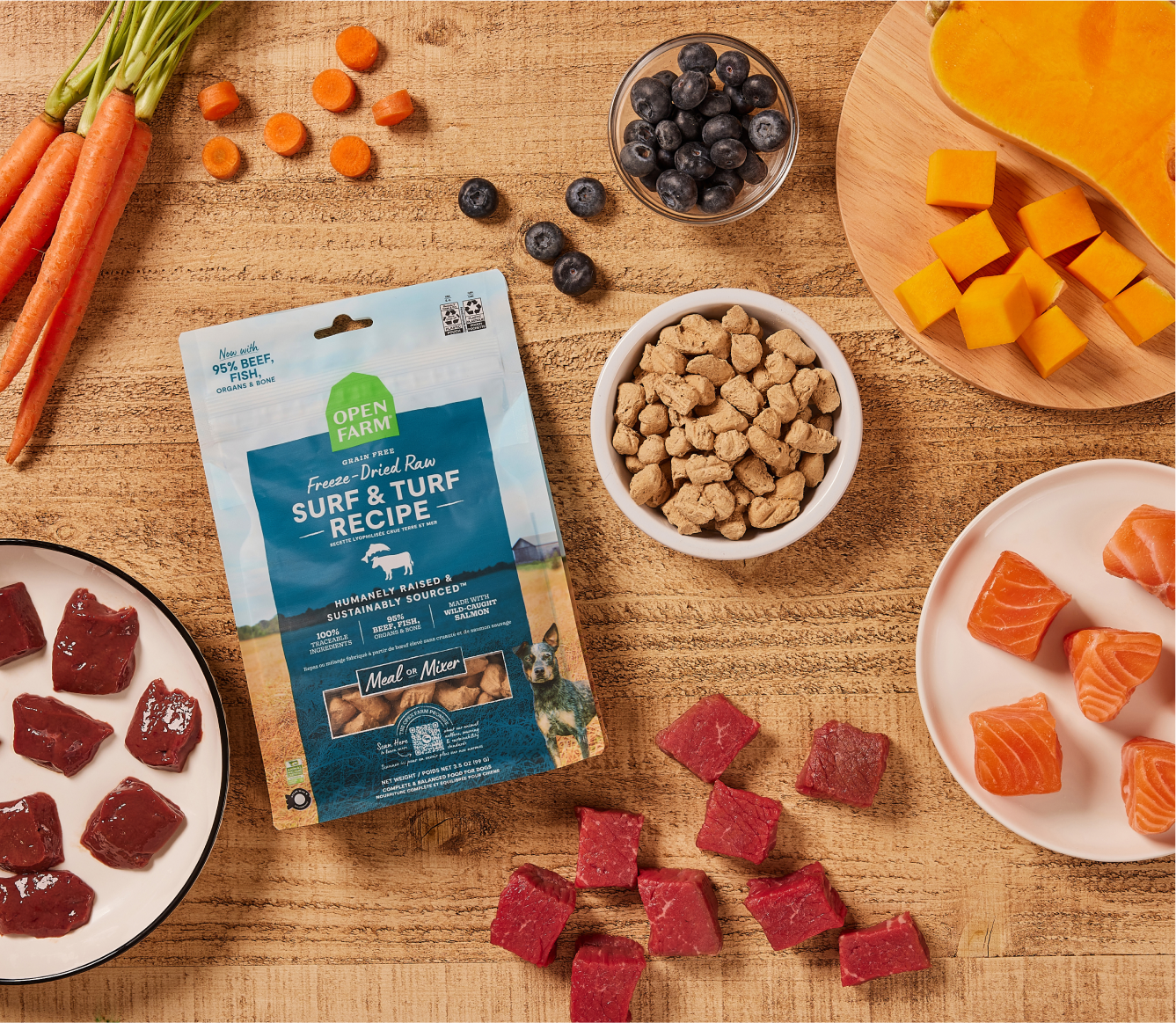 Dog eating Open Farm Surf & Turf freeze dried raw morsels from a bowl
