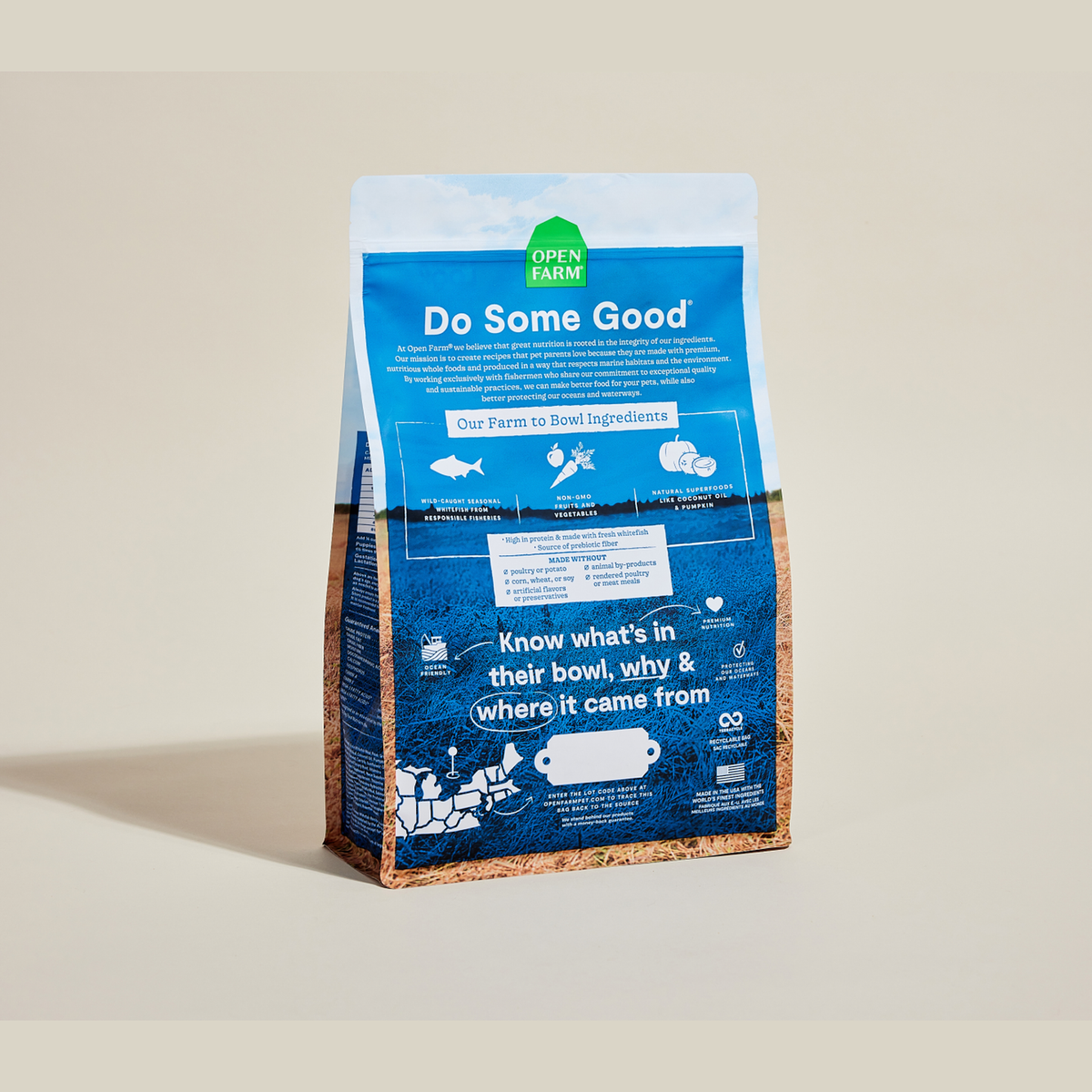 Open Farm Whitefish Grain-Free Dog Kibble -- back of bag with ingredients and feeding guide