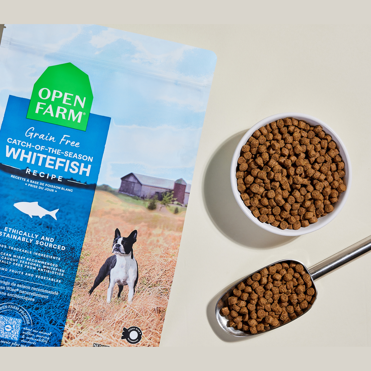 Open Farm Whitefish Grain-Free Dog Kibble -- kibble in a bowl with a serving scoop
