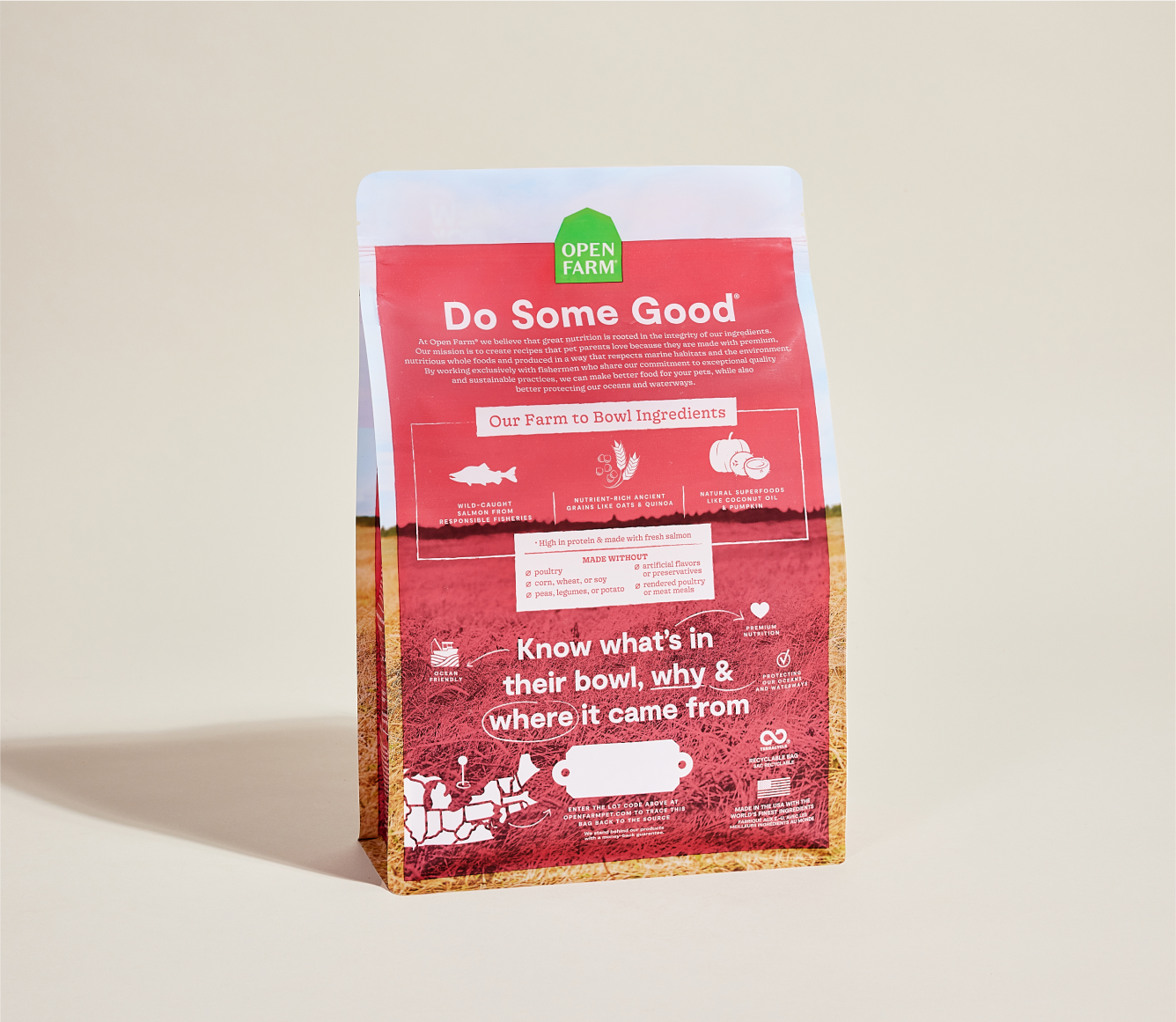 Open Farm Wild-Caught Salmon & Ancient Grains Dog Kibble back of bag with ingredients and feeding guide