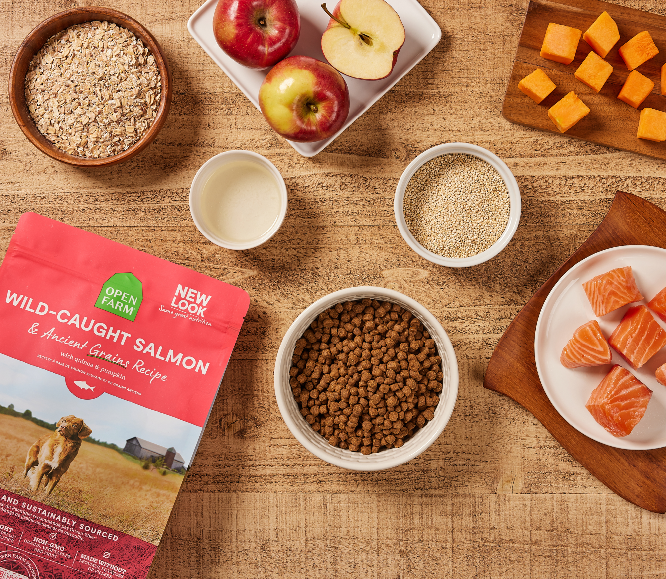 Open Farm Wild-Caught Salmon & Ancient Grains kibble with fresh salmon, oats, apples, quinoa, and pumpkin
