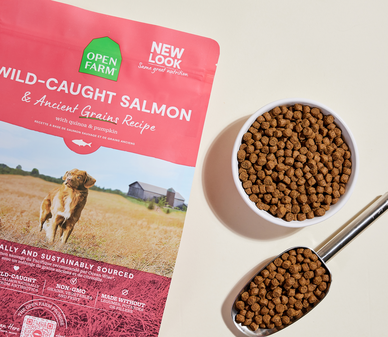 Open Farm Wild-Caught Salmon & Ancient Grains Dog Kibble kibble in a bowl with a serving scoop