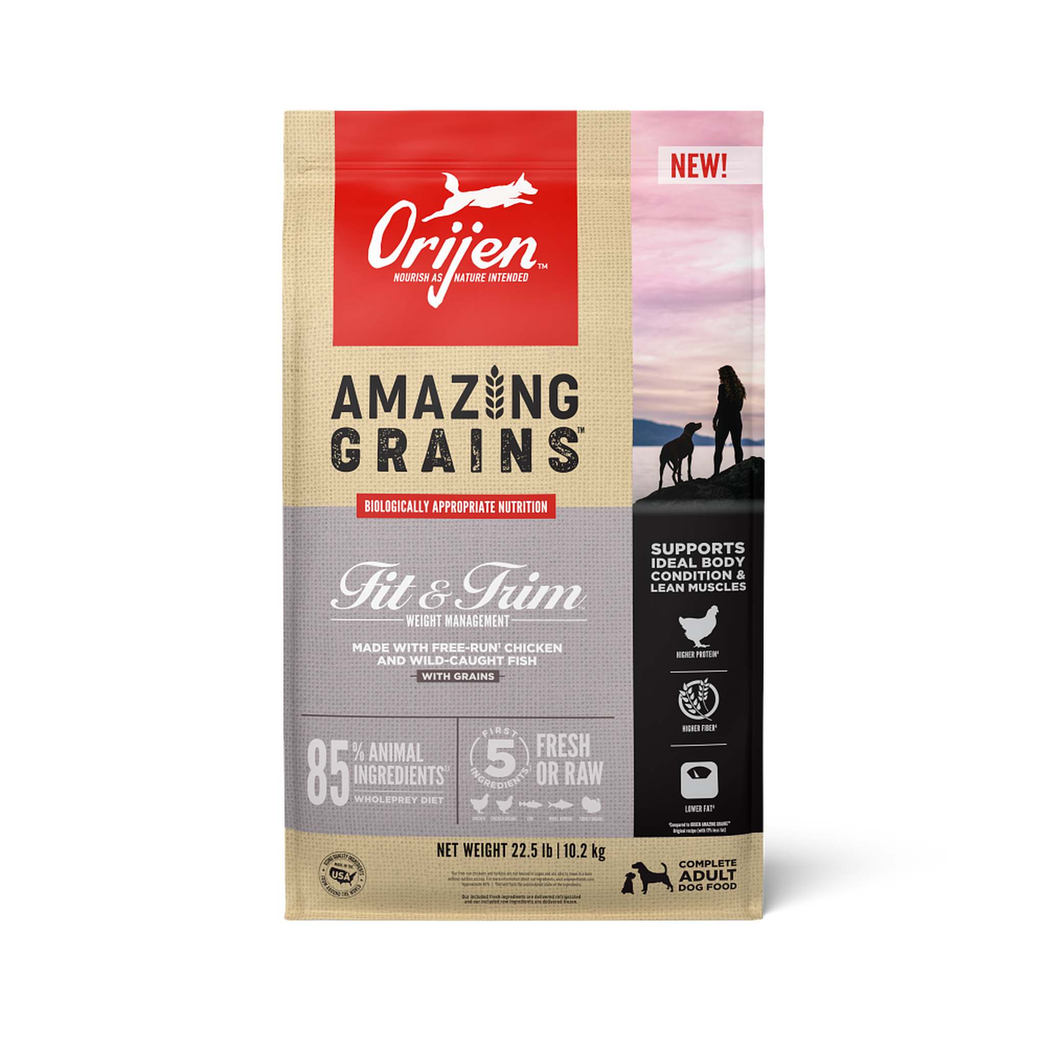 ORIJEN Amazing Grains Fit & Trim dry dog food front of bag, weight management with grains #4 LB