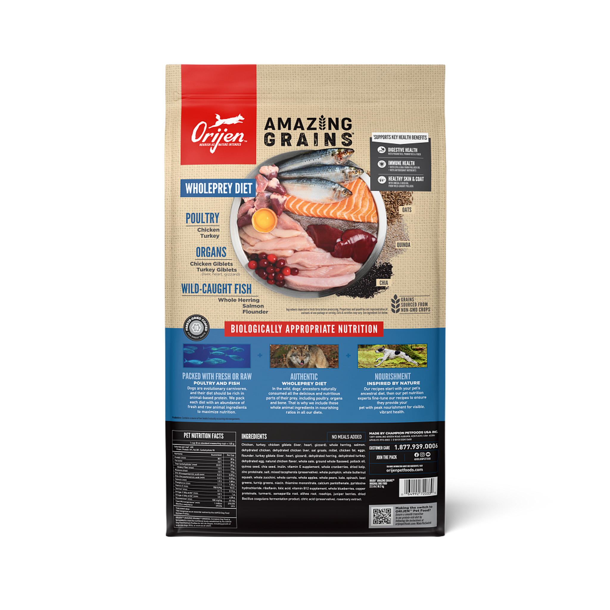 ORIJEN Amazing Grains Original back of bag showing WholePrey ingredients and guaranteed analysis