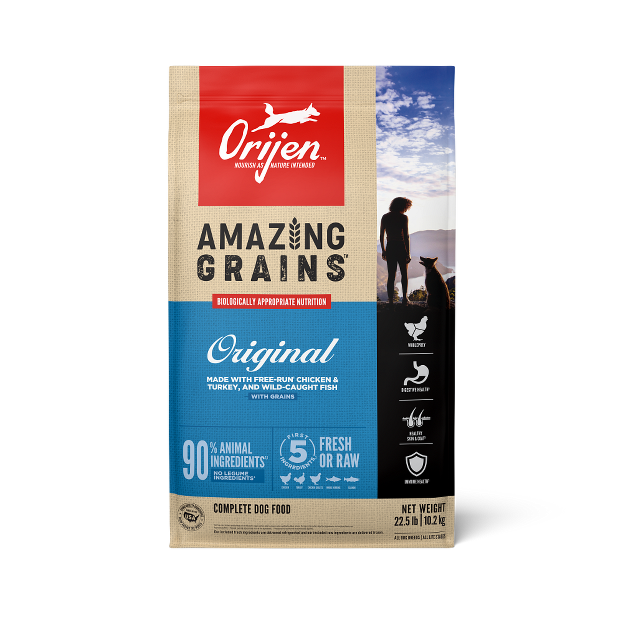ORIJEN Amazing Grains Original dry dog food front of bag with grains