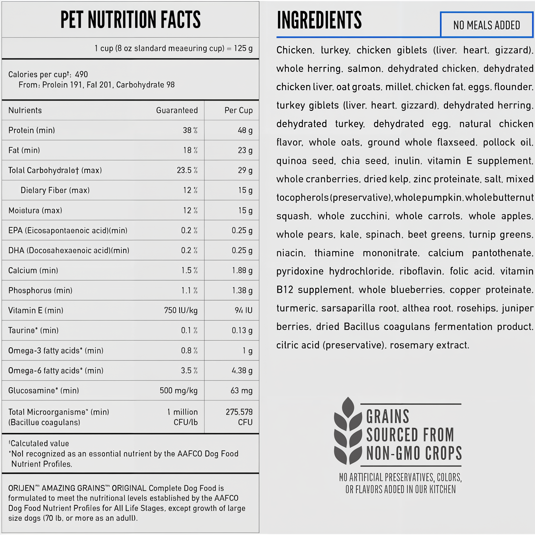 ORIJEN Amazing Grains Original guaranteed analysis, pet nutrition facts and ingredient list
