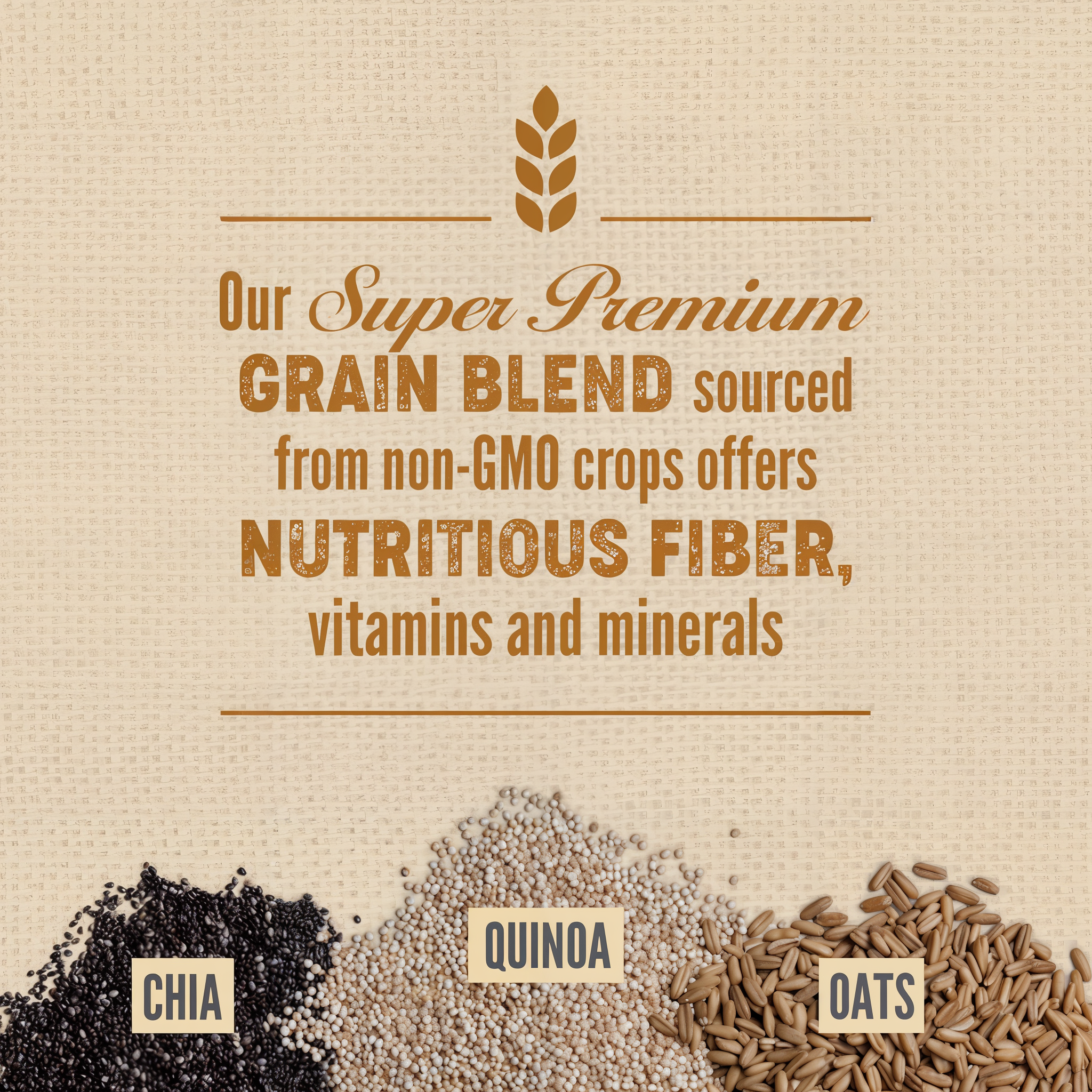 ORIJEN super premium grain blend of chia, quinoa and oats sourced from non-GMO crops