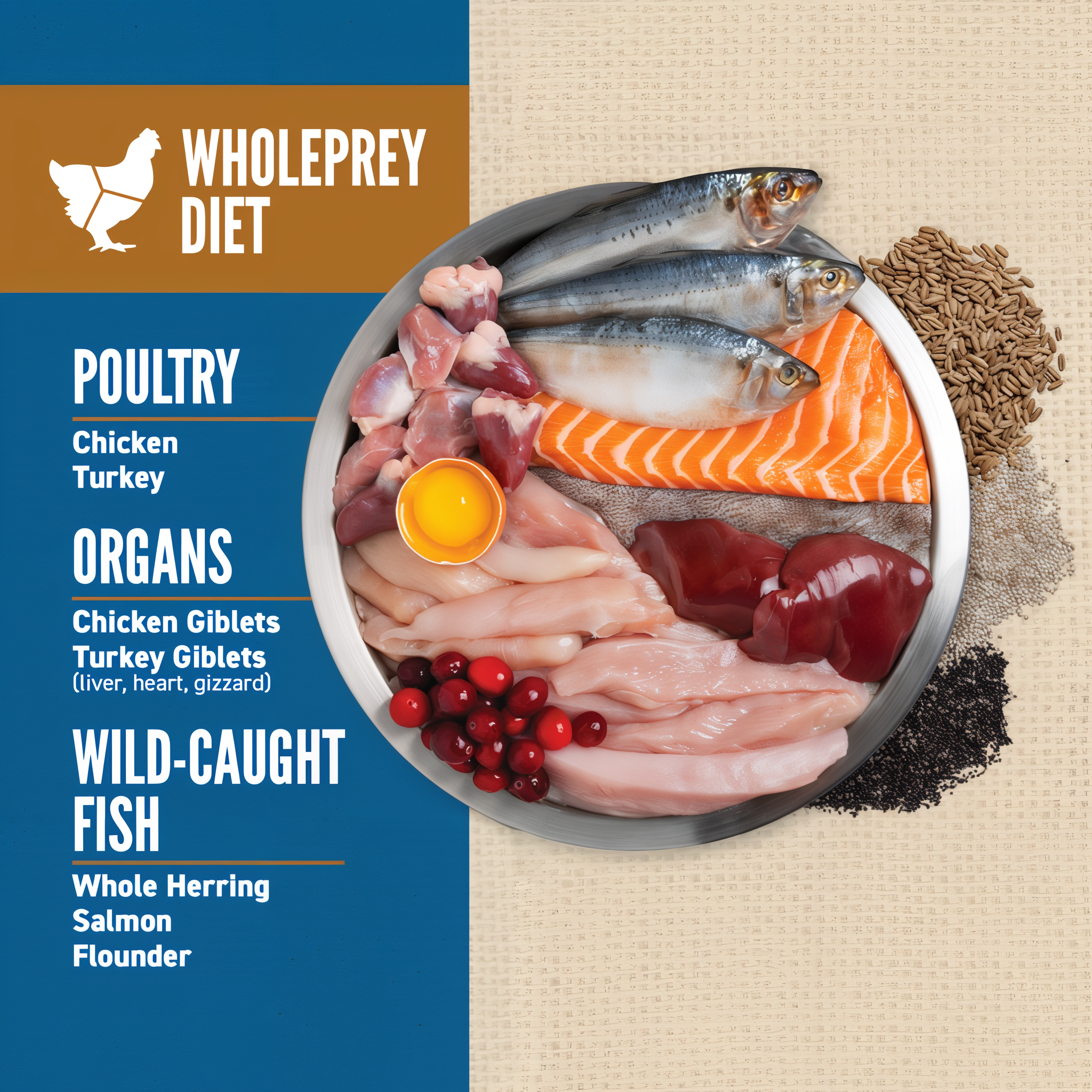 ORIJEN WholePrey diet bowl with chicken, turkey, giblets, whole herring, salmon and grains