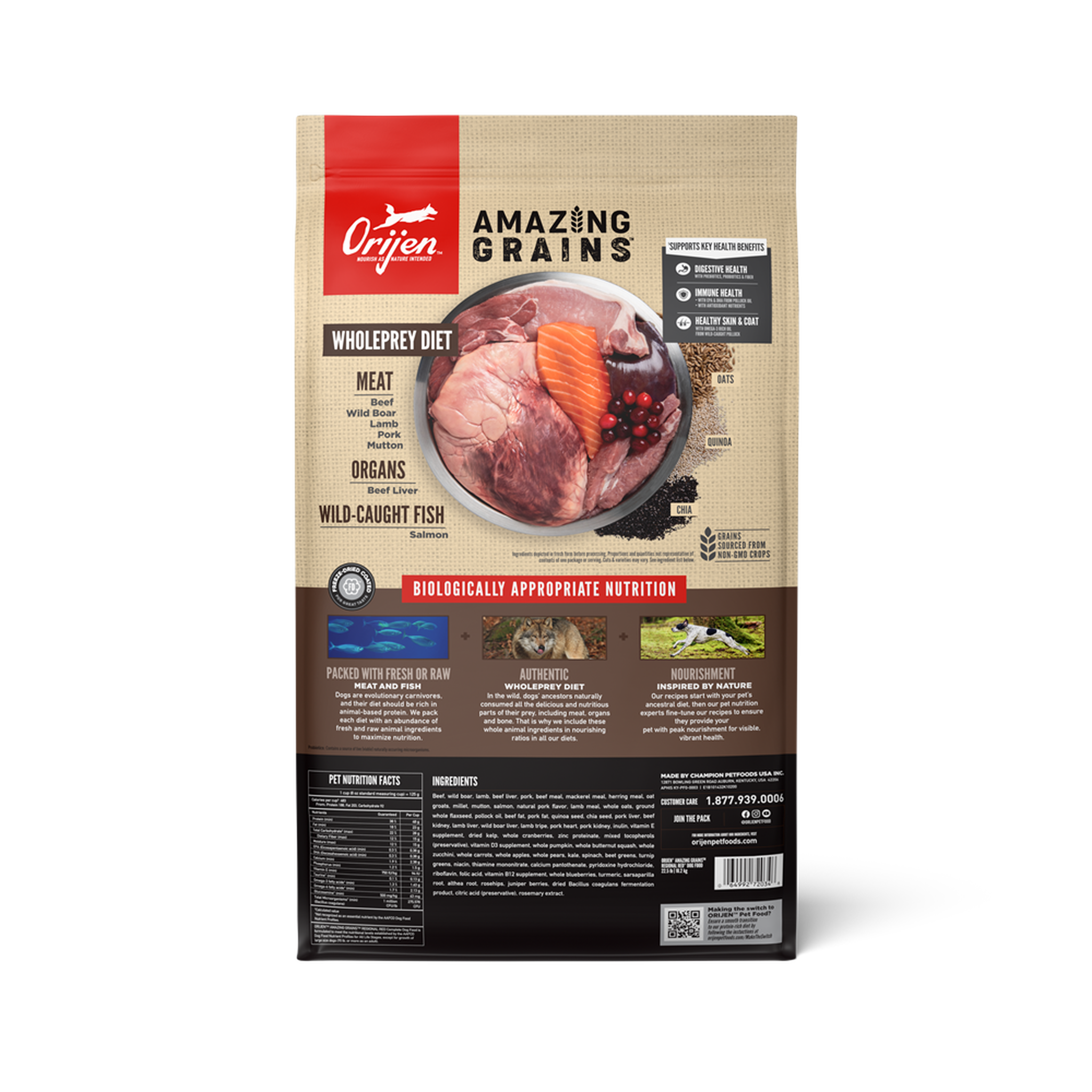 ORIJEN Amazing Grains Regional Red back of bag showing WholePrey ingredients and guaranteed analysis