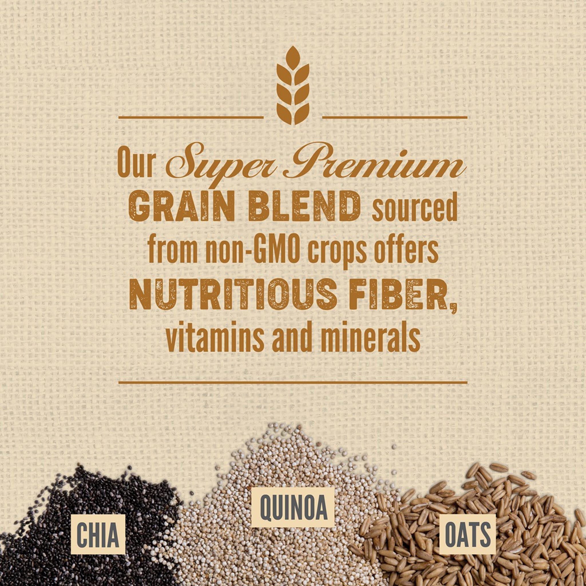 Super premium non-GMO grain blend of chia, quinoa and oats providing nutritious fiber, vitamins and minerals