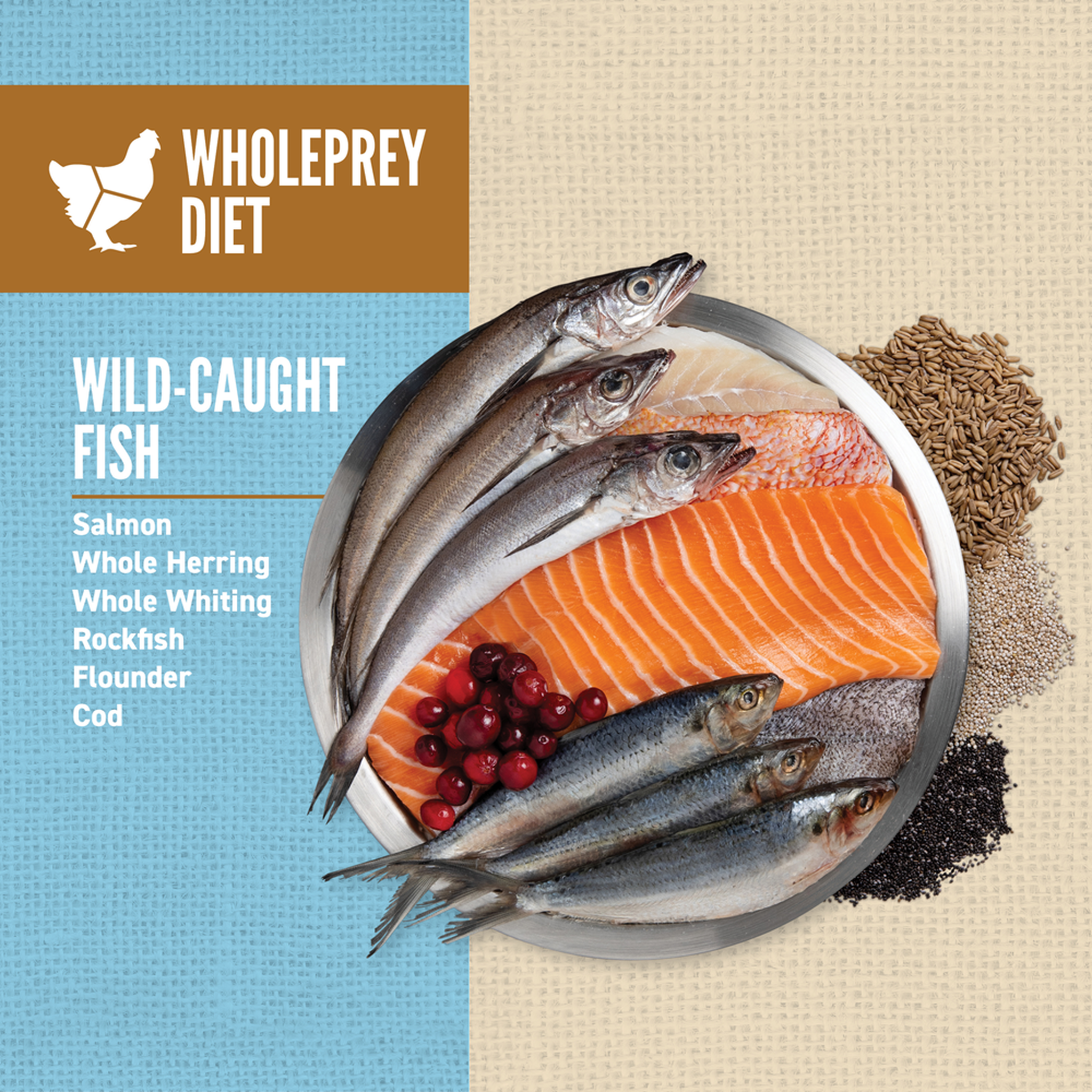 WholePrey diet bowl of wild-caught salmon, whole herring, whole whiting, rockfish, flounder and cod with oats, quinoa and chia grains
