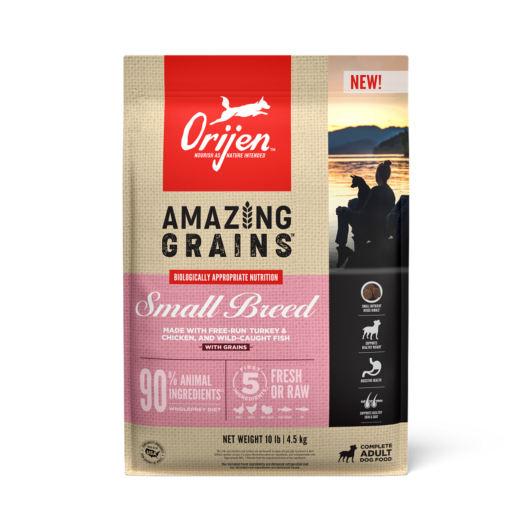 ORIJEN Amazing Grains Small Breed dry dog food front of 10 lb bag with grains #10 LB