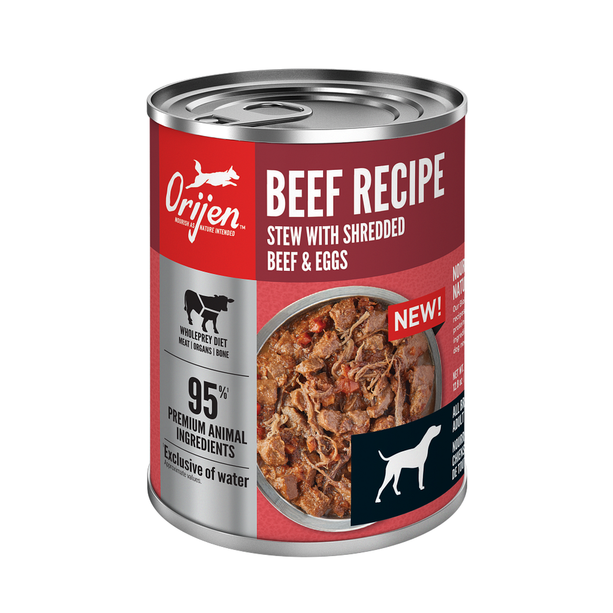 ORIJEN Beef Recipe Stew with Shredded Beef and Eggs wet dog food, front of the 12.8 oz can with WholePrey diet and 95 percent premium animal ingredients callouts