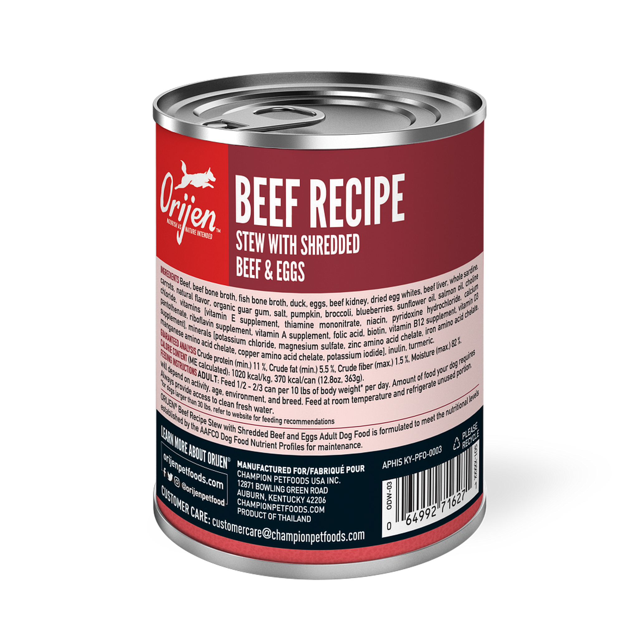 Back label of the ORIJEN Beef Recipe Stew can with full ingredients, guaranteed analysis, calorie content, and feeding instructions