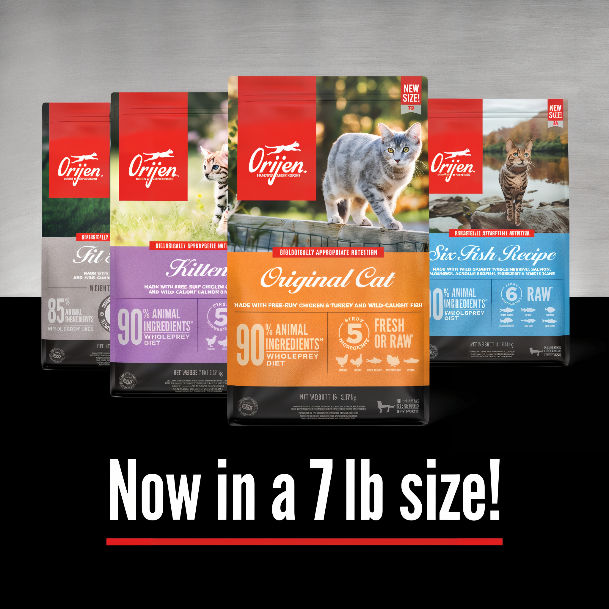 ORIJEN cat food family lineup now available in a 7 lb size, including Fit & Trim, Kitten, Original Cat, and Six Fish Recipe bags