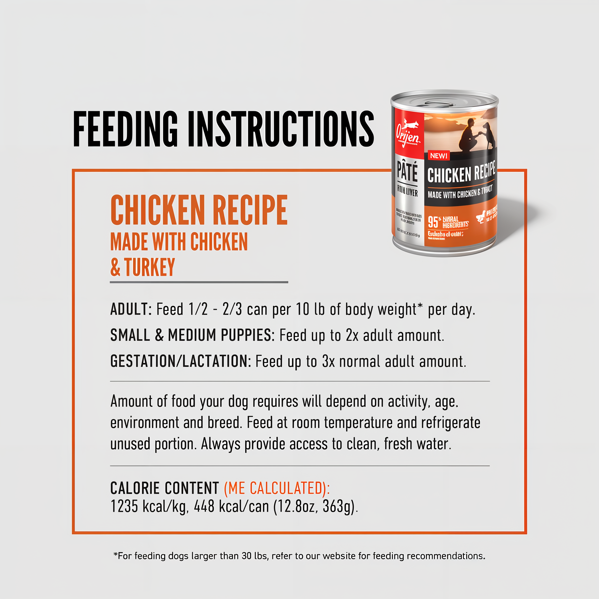 ORIJEN Chicken Recipe Pâté feeding instructions for adult dogs, small and medium puppies, and gestation or lactation, with calorie content