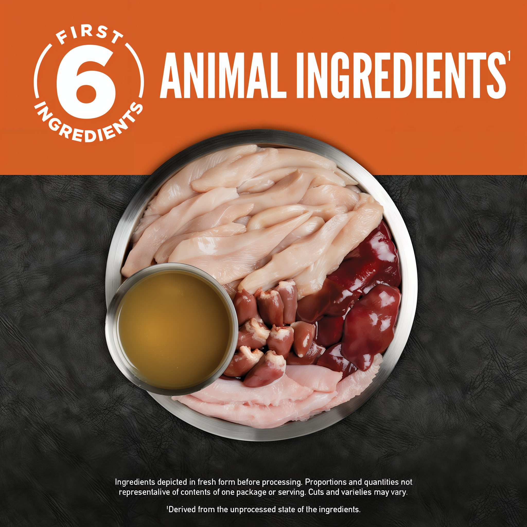 First 6 ingredients are animal ingredients: fresh chicken, turkey, hearts, livers, and bone broth shown before processing