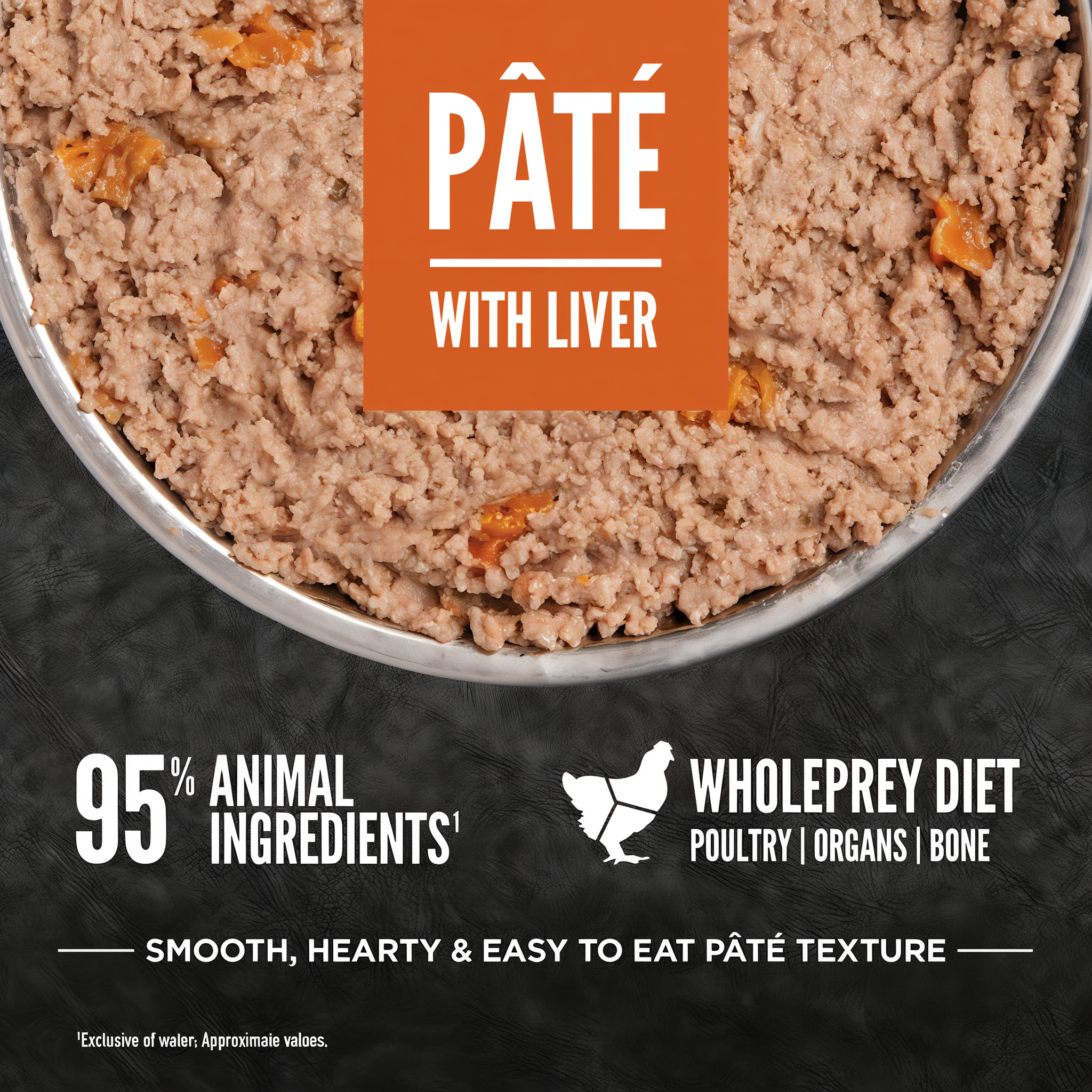 Close-up of ORIJEN Chicken Recipe Pâté with Liver showing the smooth, hearty, easy-to-eat pâté texture with 95 percent animal ingredients from the WholePrey diet