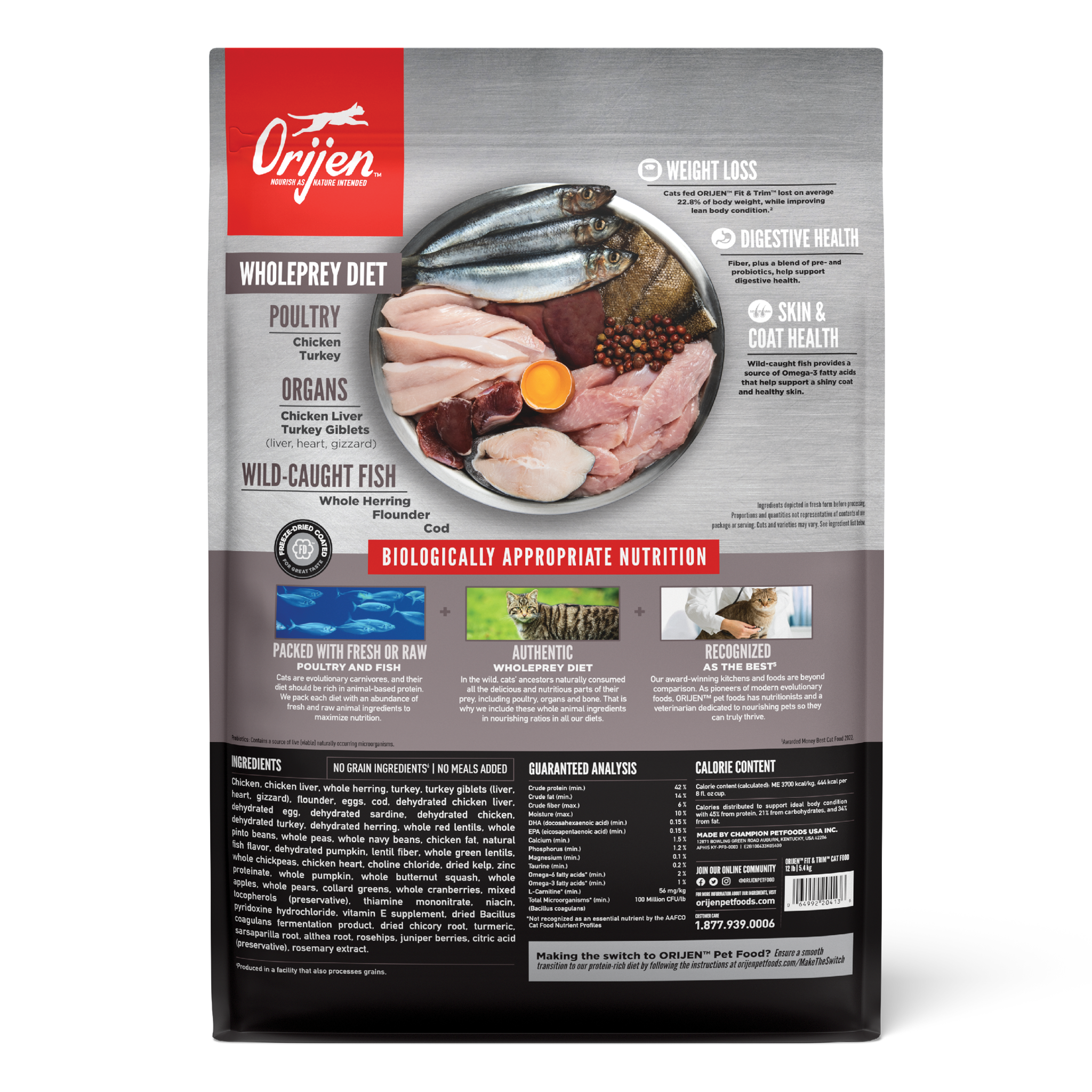 Back of the ORIJEN Fit & Trim dry cat food bag with the WholePrey diet breakdown of chicken and turkey poultry, chicken liver and turkey giblets, and wild-caught herring, flounder and cod, plus ingredients, guaranteed analysis, and calorie content