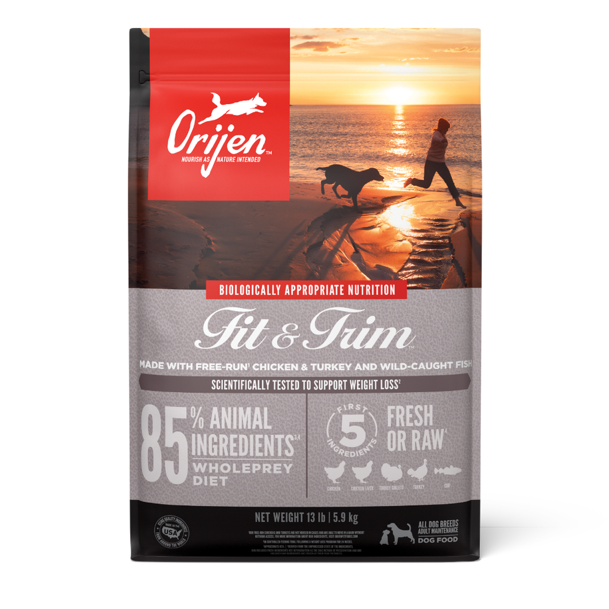 ORIJEN Fit & Trim grain-free dry dog food, front of the bag with 85 percent animal ingredients, WholePrey diet, and made with free-run chicken and turkey and wild-caught fish #4.5 LB