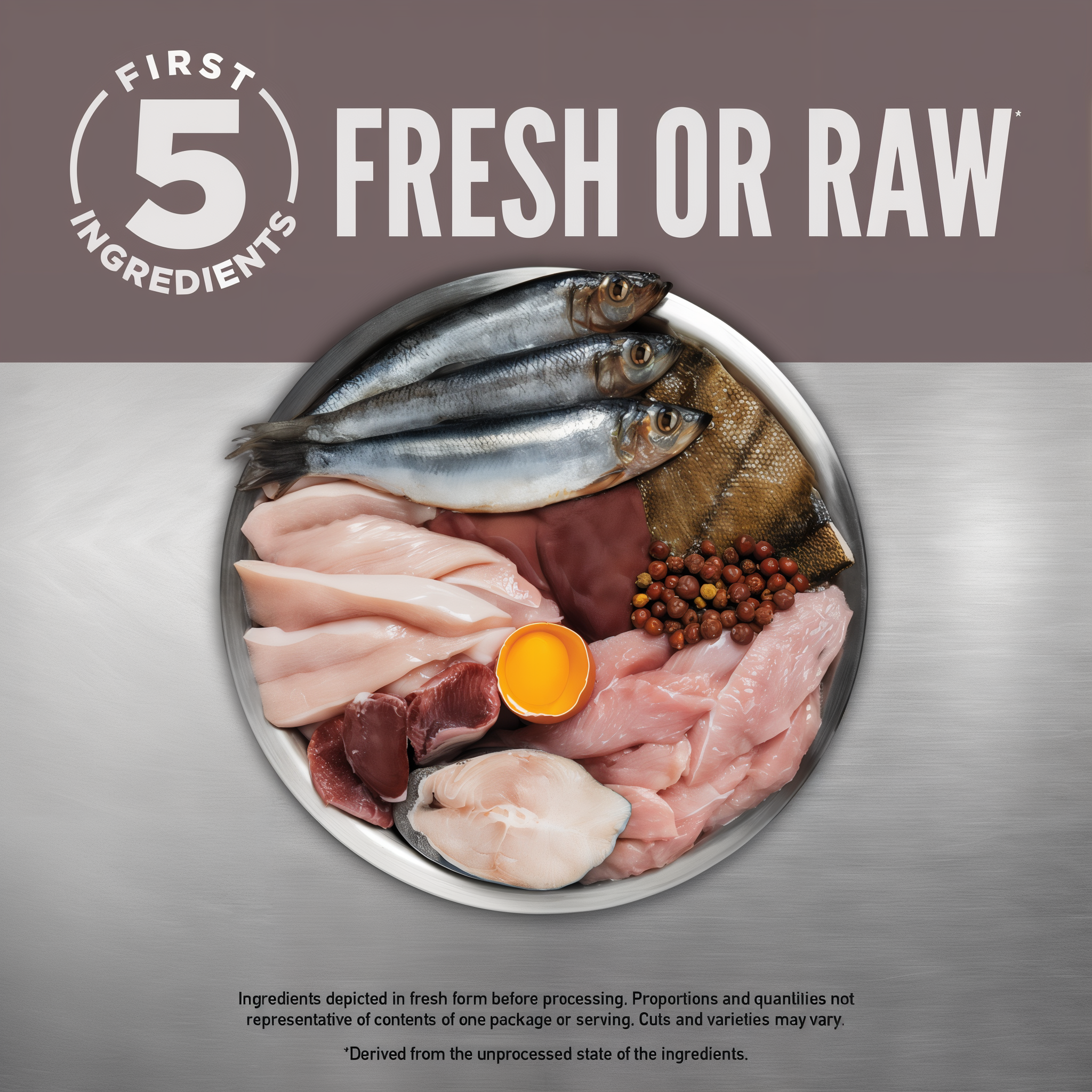 First 5 ingredients are fresh or raw: a bowl of fresh chicken, turkey, cod, flounder, whole herring, egg, and organs used in ORIJEN Fit & Trim dry dog food