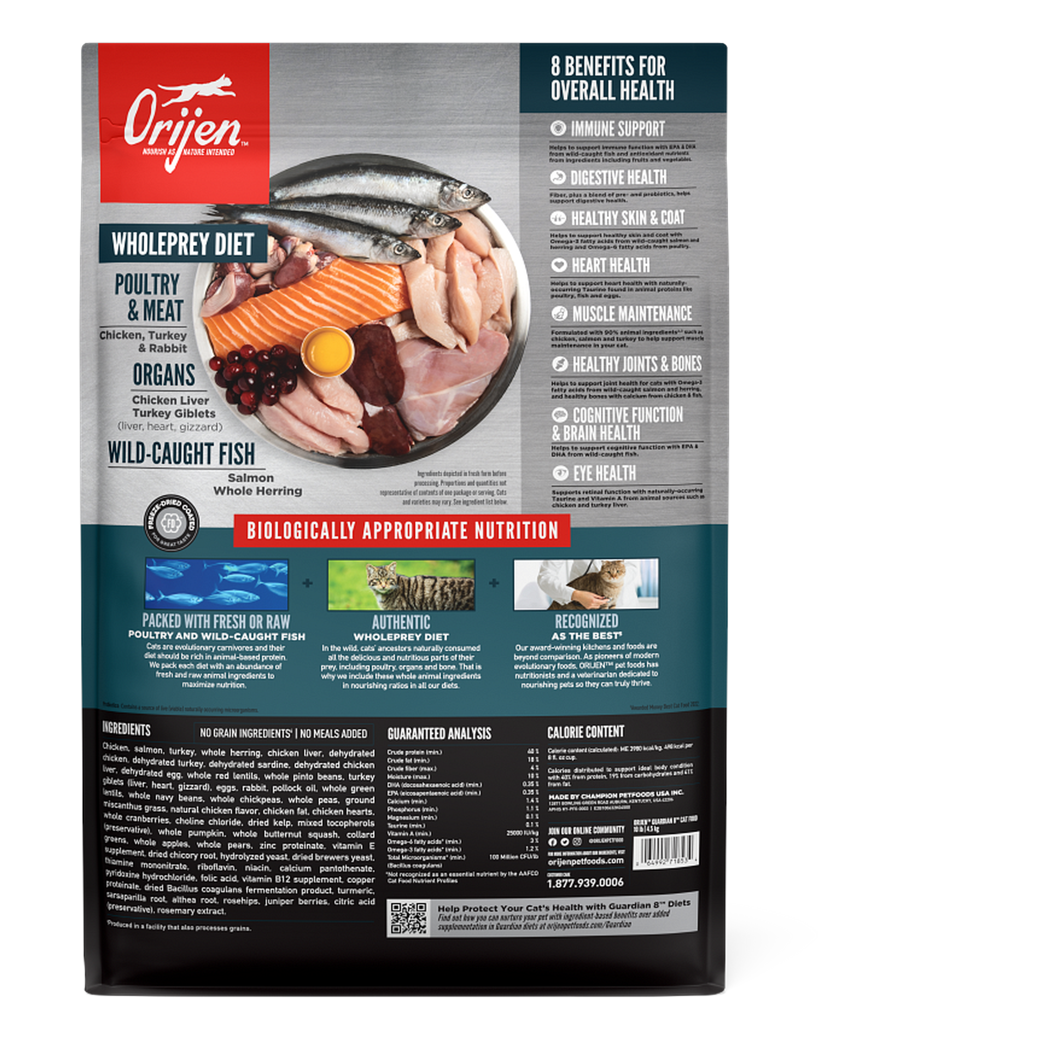 Back of the Orijen Guardian 8 bag showing the WholePrey diet breakdown, 8 benefits, ingredients, and guaranteed analysis