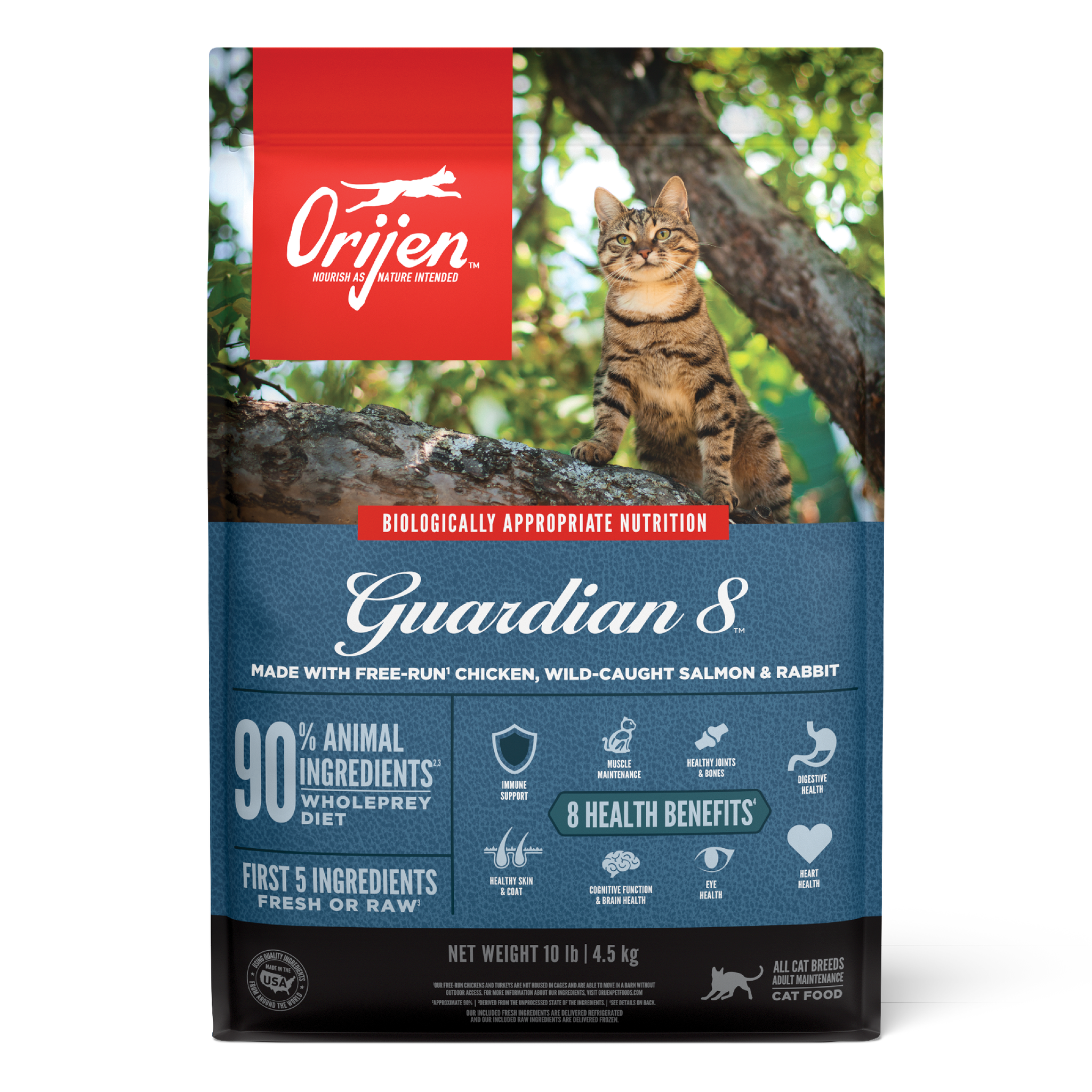 ORIJEN Guardian 8 dry cat food, front of the bag showing a tabby cat on a tree branch with 90 percent animal ingredients, WholePrey diet, and 8 health benefits callouts