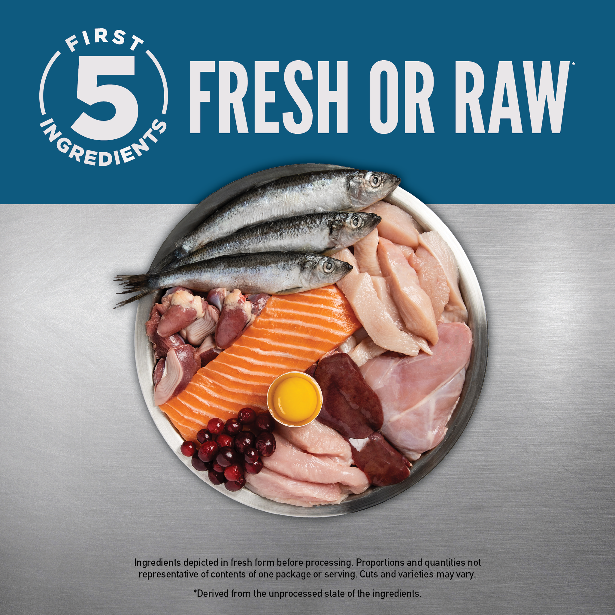 First 5 ingredients fresh or raw: bowl of fresh chicken, salmon, herring, liver, egg, and cranberries