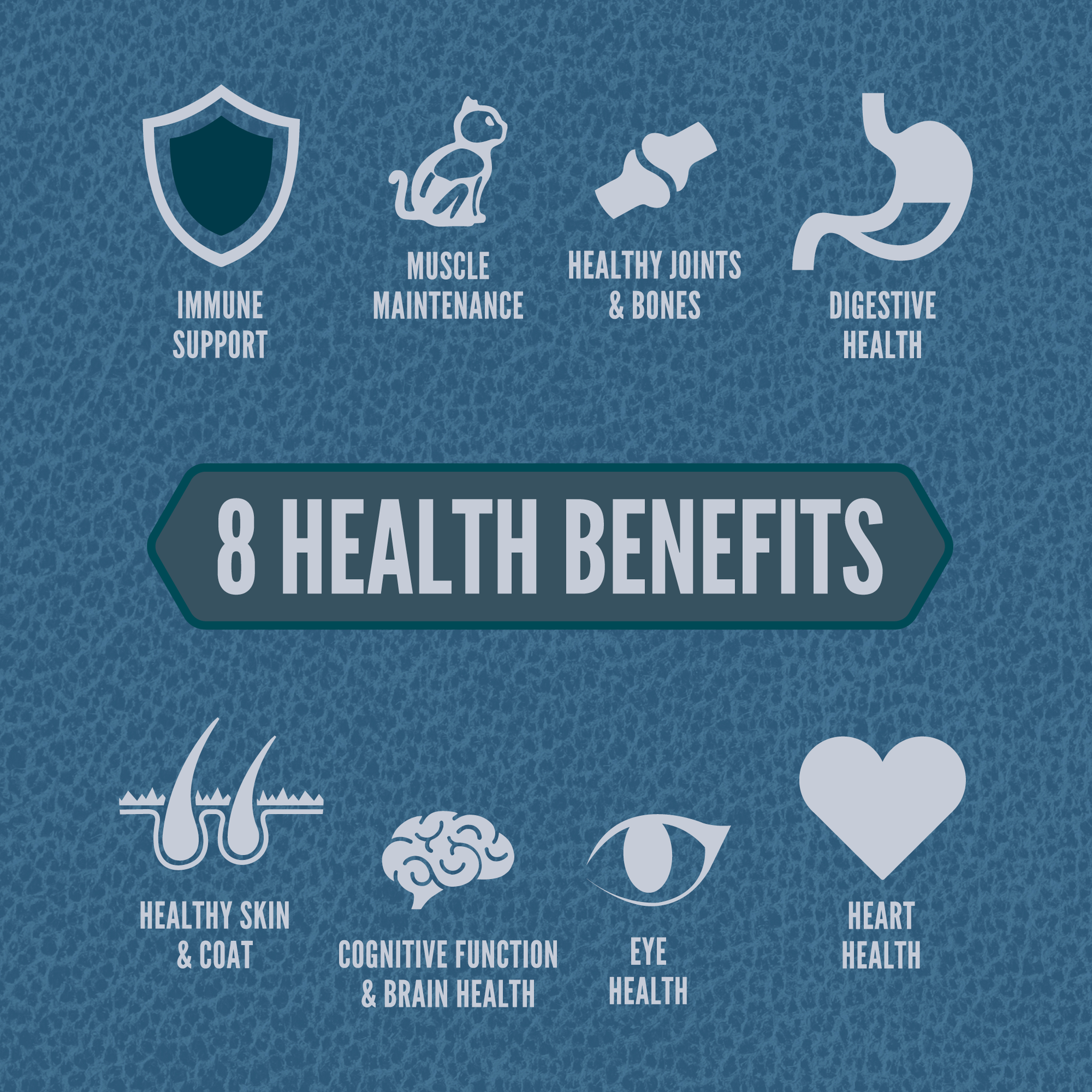 Guardian 8 health benefits: immune support, muscle maintenance, joints and bones, digestive health, skin and coat, cognitive function, eye health, and heart health