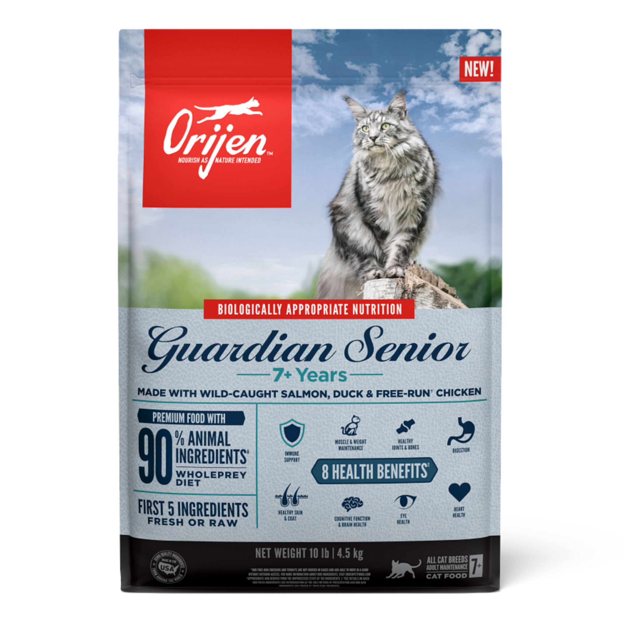 ORIJEN Guardian Senior dry cat food, front of the bag showing a silver tabby cat with 90 percent animal ingredients, WholePrey diet, and 8 health benefits callouts for senior cats 7 plus years #4 LB