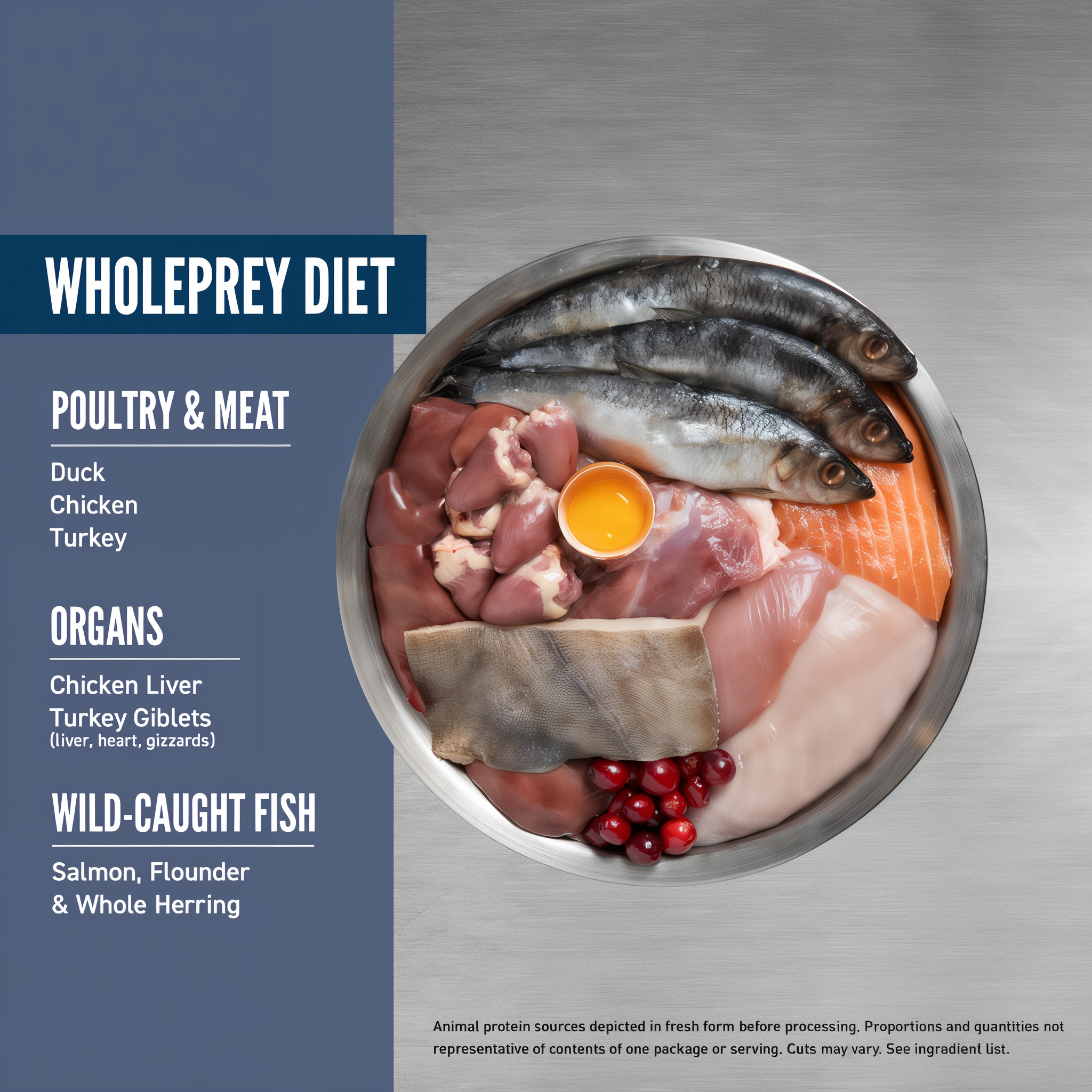 ORIJEN Guardian Senior WholePrey diet ingredients in a bowl: duck, chicken and turkey, chicken liver and turkey giblets, wild-caught salmon, flounder and whole herring, egg, and cranberries