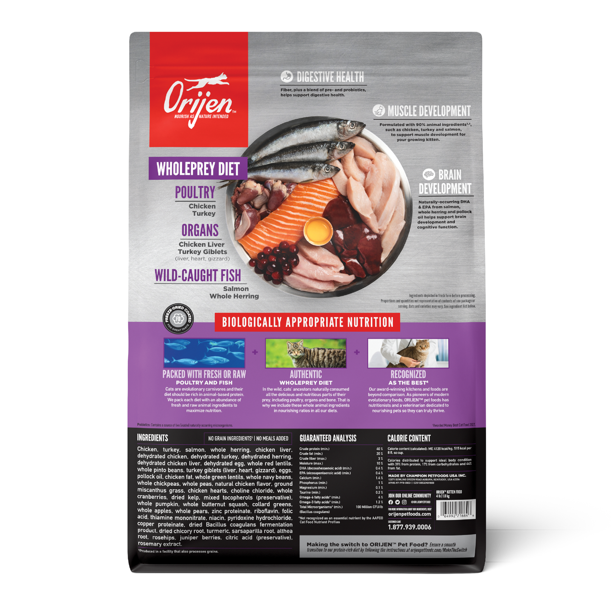 Back of the ORIJEN Kitten dry cat food bag with the WholePrey diet breakdown of chicken and turkey poultry, chicken liver and turkey giblets organs, and wild-caught salmon and whole herring, plus digestive, muscle, and brain development benefits, ingredients, guaranteed analysis, and calorie content