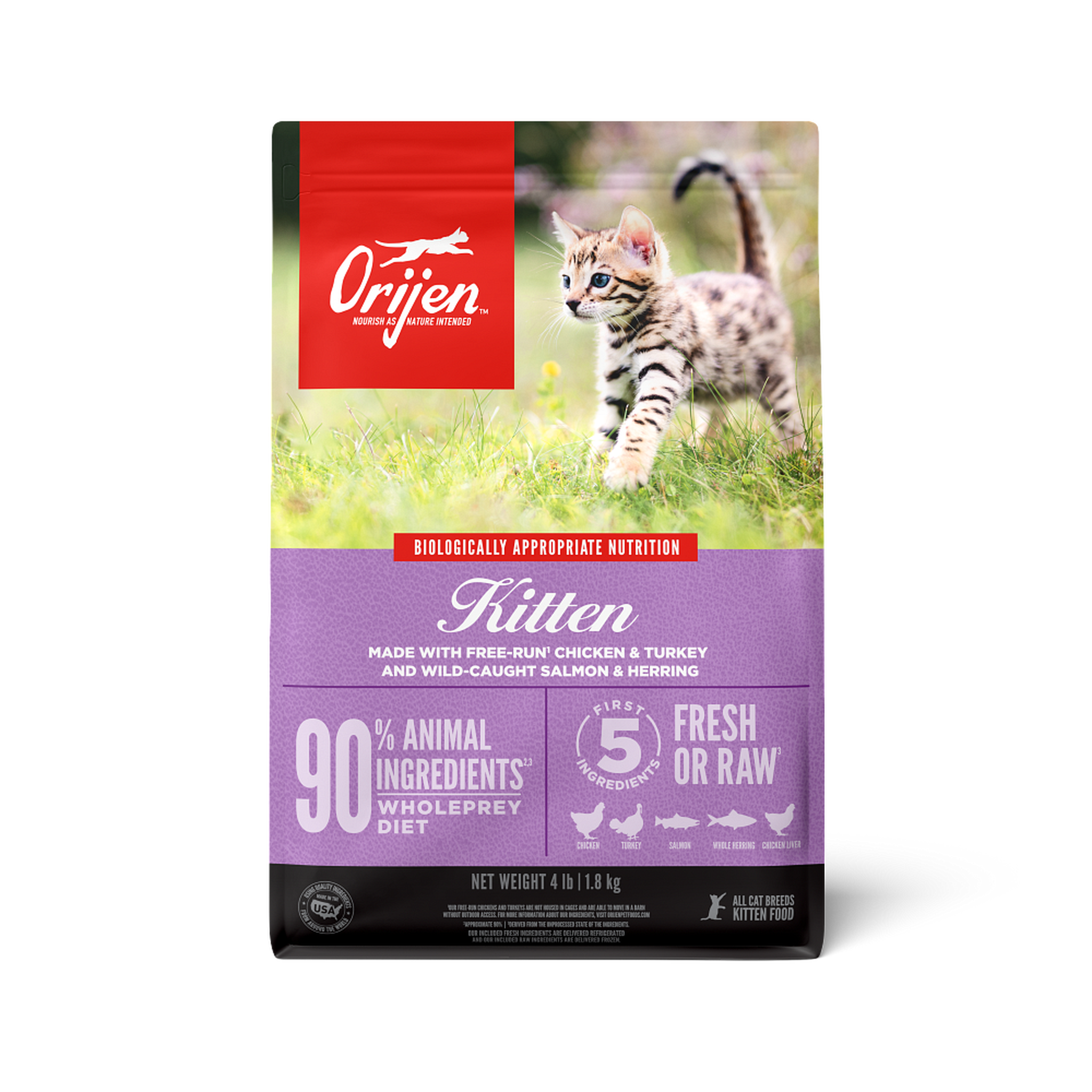 ORIJEN Kitten Biologically Appropriate dry cat food, front of the bag showing a spotted kitten walking through grass with 90 percent animal ingredients, WholePrey diet, and first 5 fresh or raw ingredients callouts #7 LB
