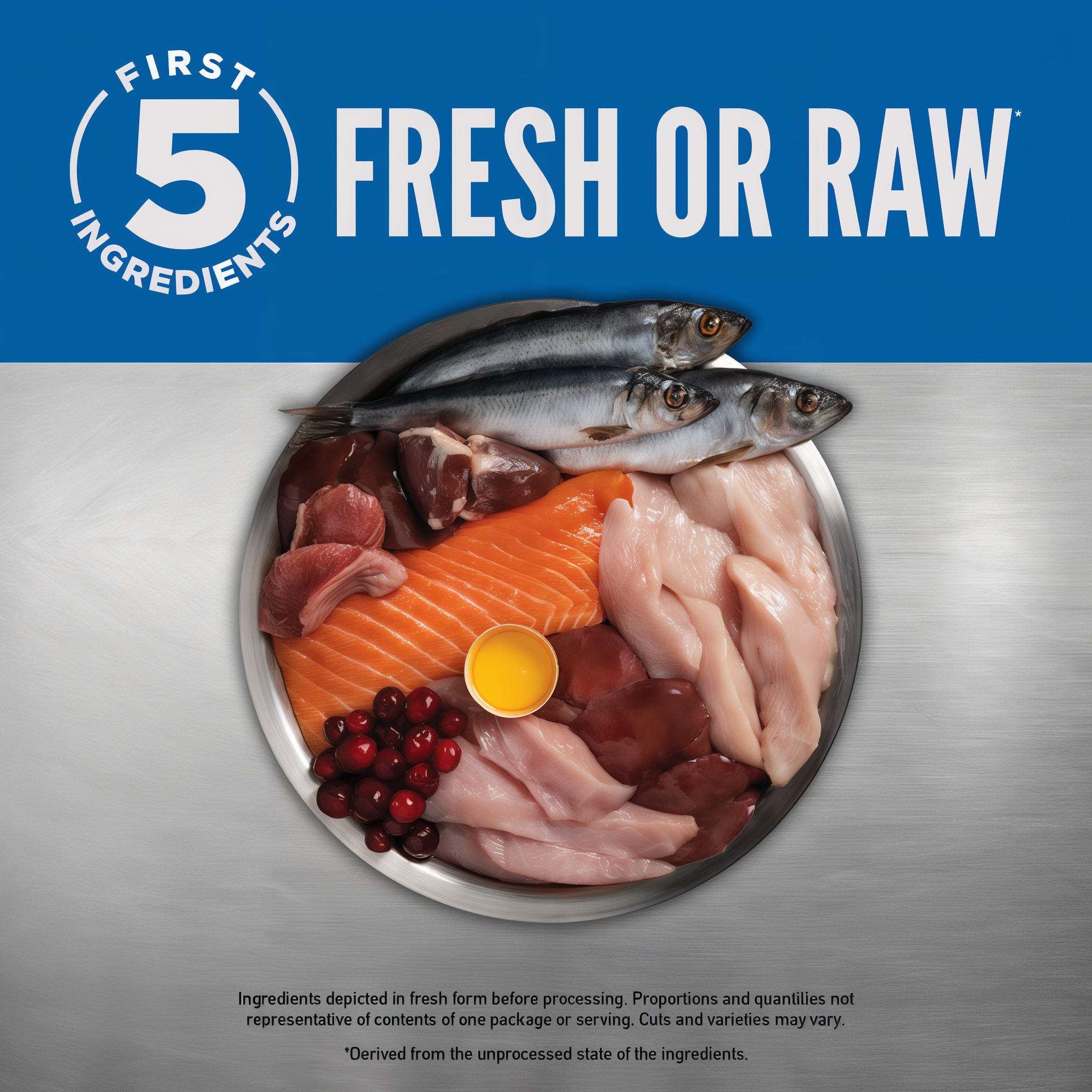 Overhead view of a steel bowl of fresh or raw ingredients including whole herring, salmon, chicken, turkey, organs, cranberries and egg, illustrating ORIJEN Original's first 5 fresh or raw ingredients