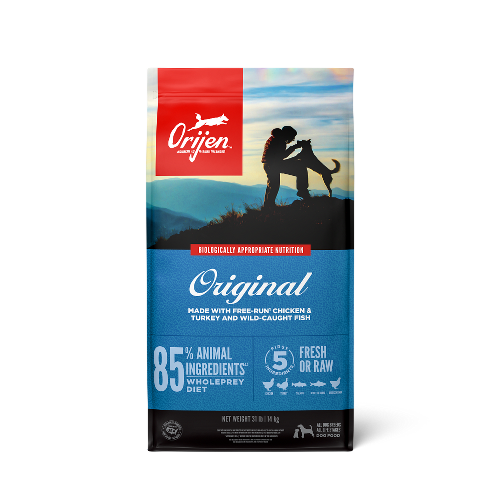 Front of the ORIJEN Original dry dog food bag showing a dog and owner on a mountain at sunset, with Biologically Appropriate Nutrition, 85 percent animal ingredients WholePrey diet, and first 5 fresh or raw ingredients callouts