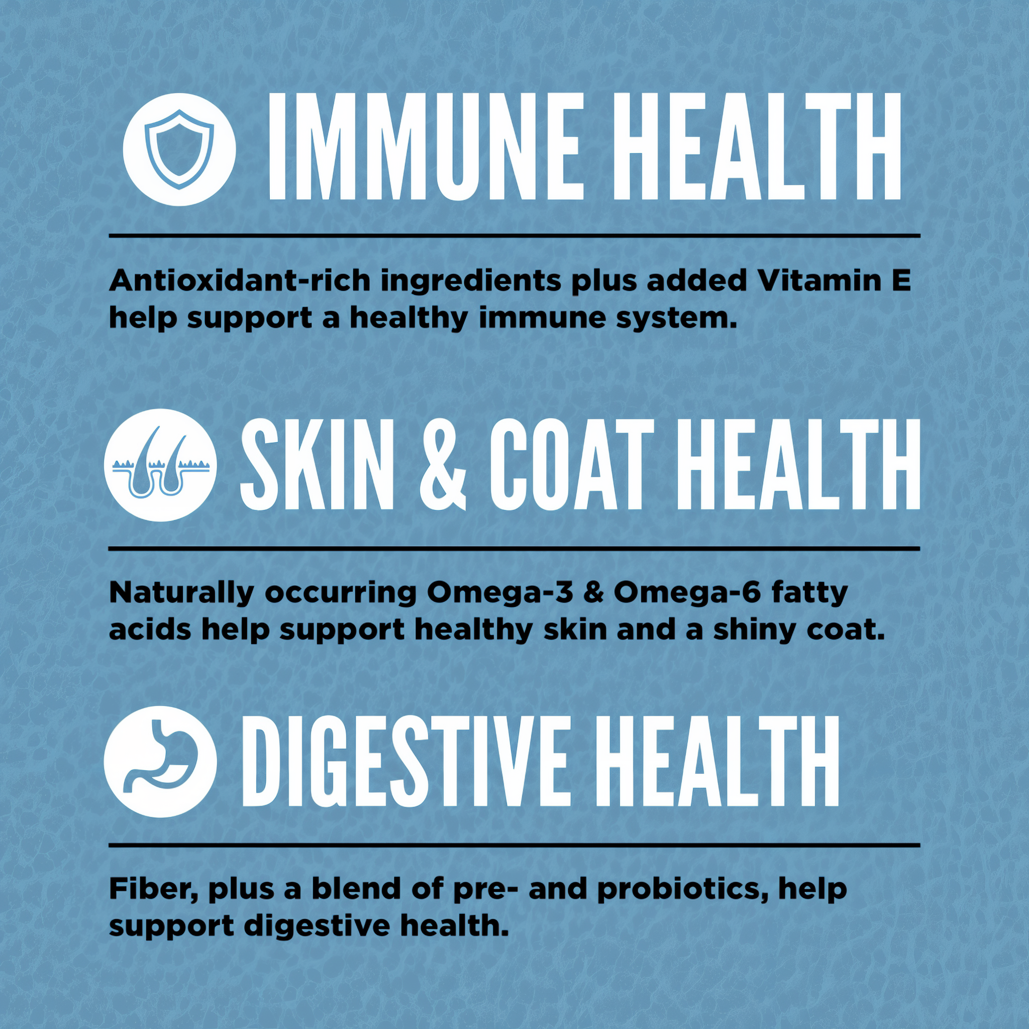 ORIJEN Original dry dog food benefits: antioxidant-rich ingredients and Vitamin E for immune health, Omega-3 and Omega-6 fatty acids for skin and coat health, and fiber with pre- and probiotics for digestive health