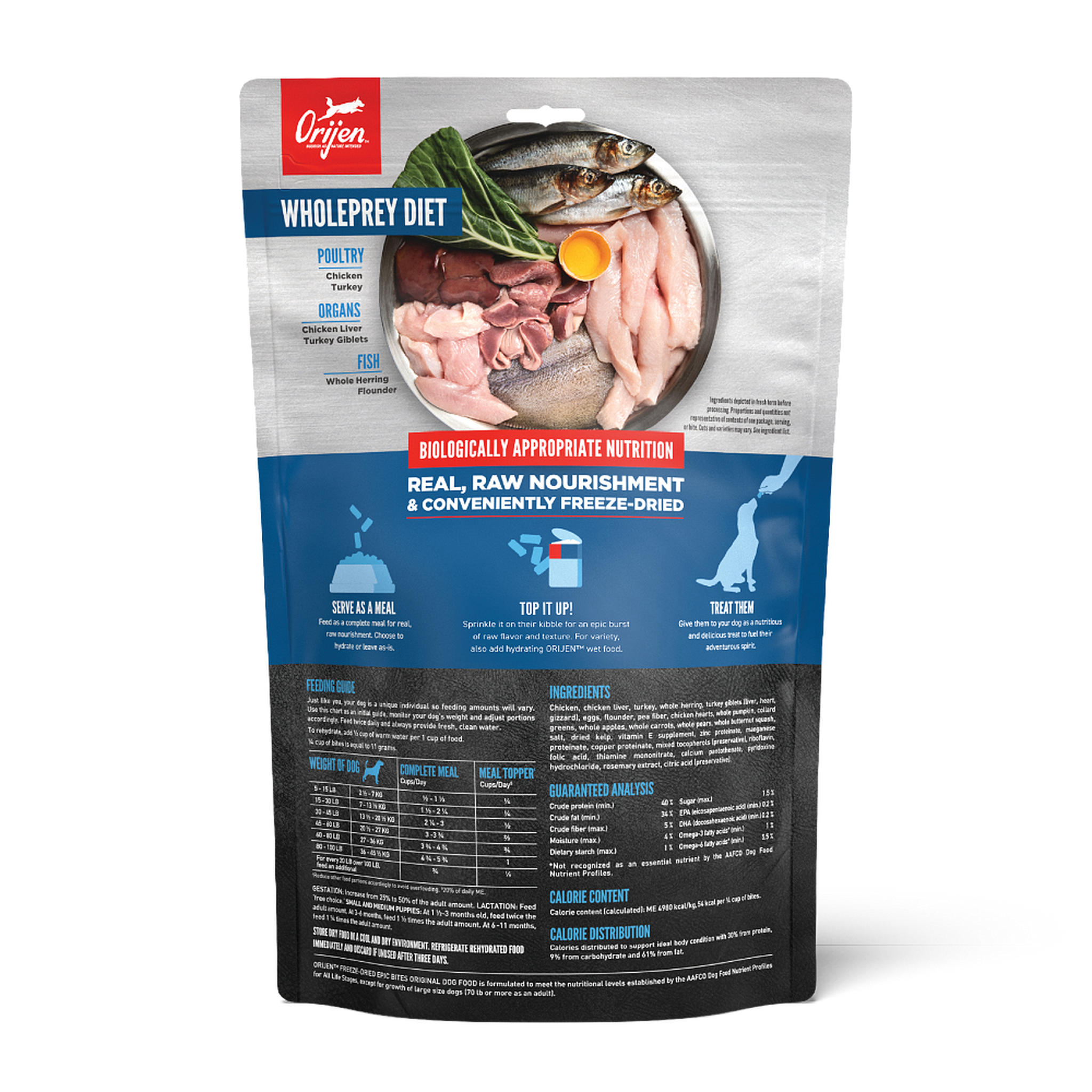 Back of the Orijen Freeze-Dried Epic Bites Original bag showing WholePrey ingredients, feeding guide, ingredient list and guaranteed analysis