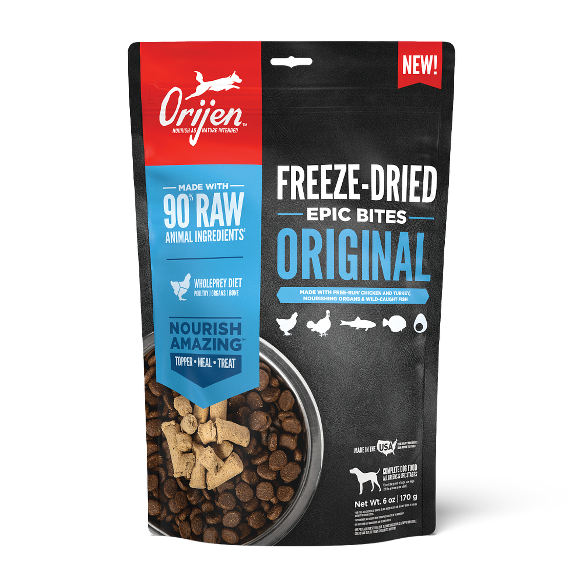Orijen Freeze-Dried Epic Bites Original dog food, front of the 6 oz bag with 90 percent raw animal ingredients and WholePrey diet callouts #6 OZ