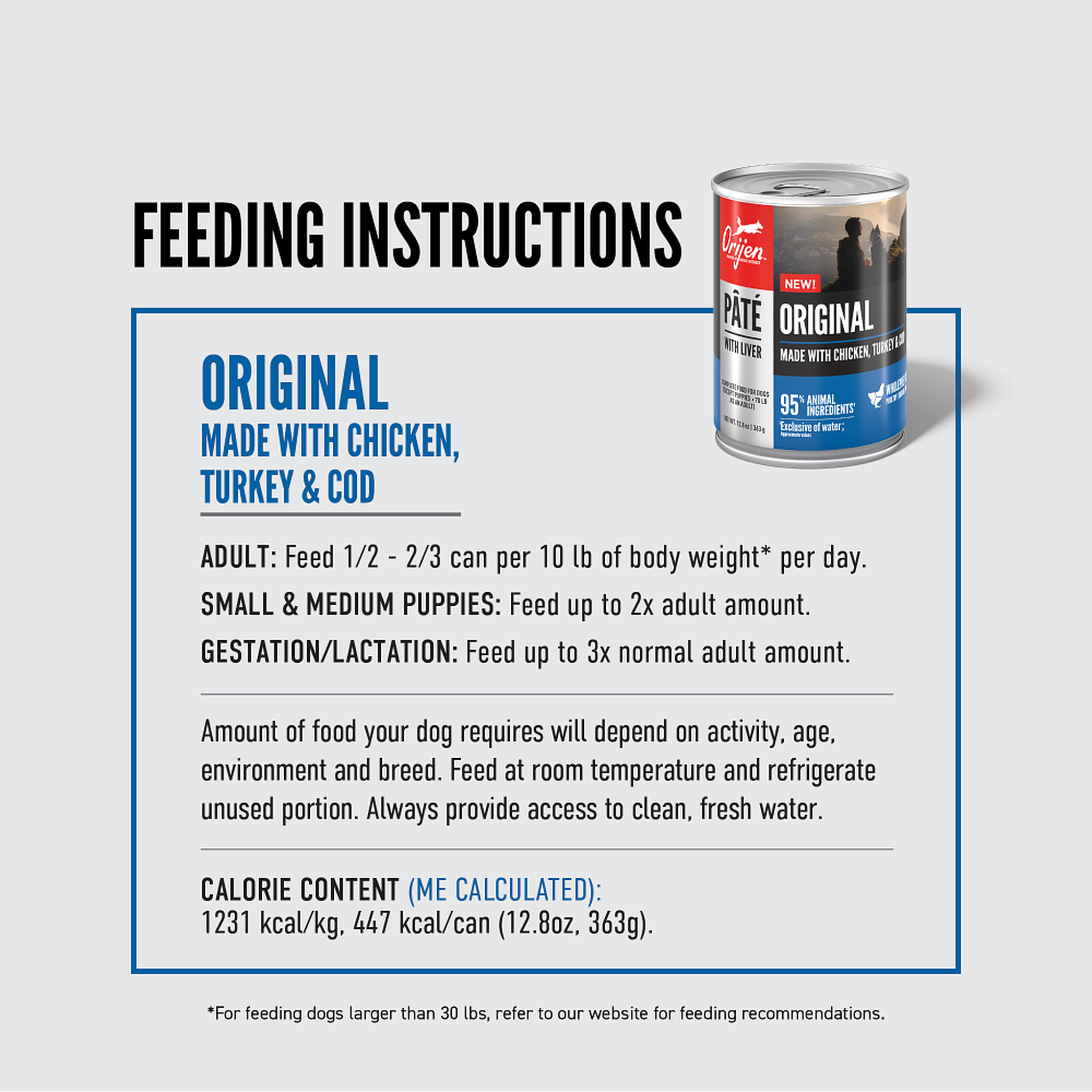 ORIJEN Original Pâté feeding instructions for adult dogs, small and medium puppies, and gestation or lactation, with calorie content
