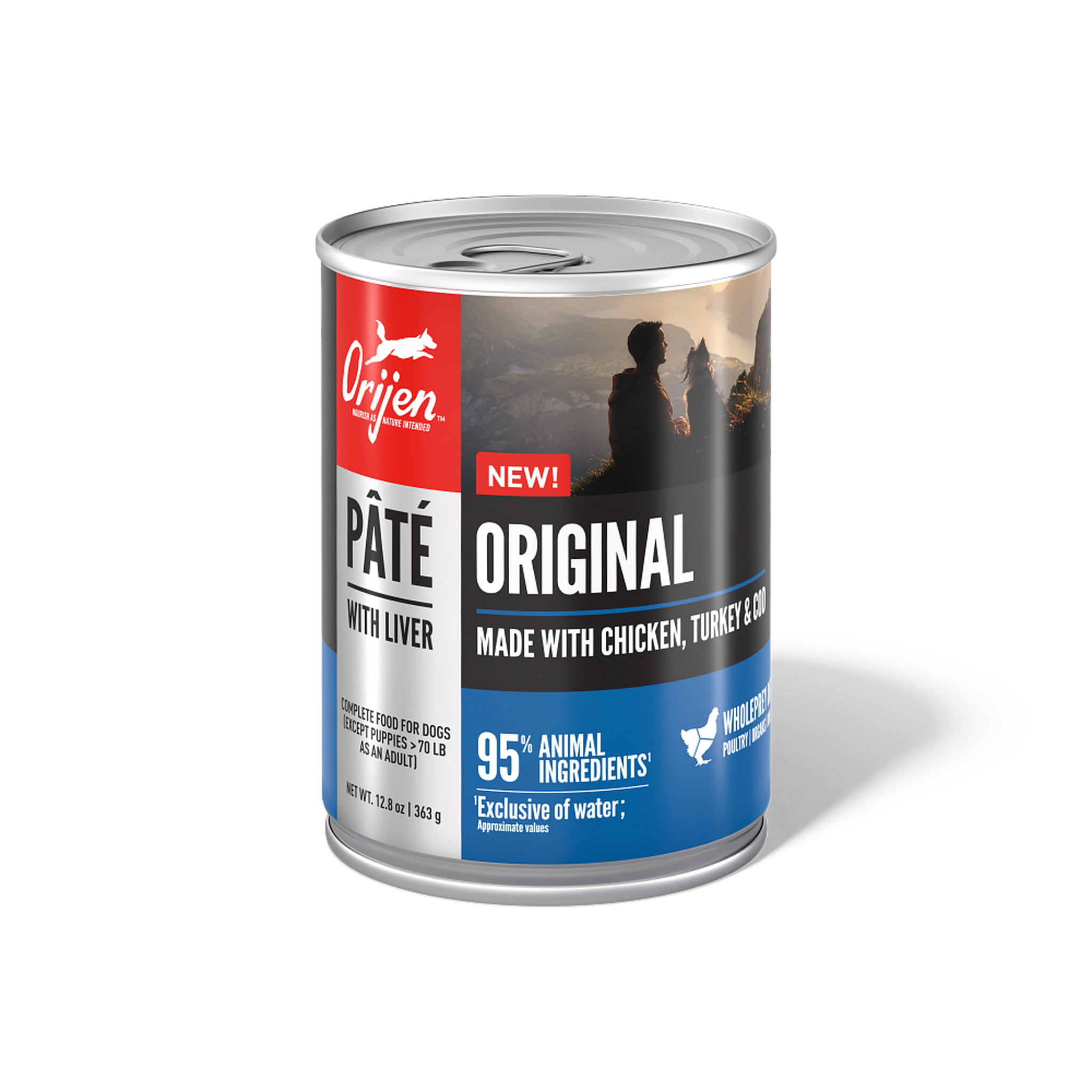 ORIJEN Original Pâté with Liver wet dog food made with chicken, turkey and cod, front of the 12.8 oz can with 95 percent animal ingredients callout #12.8 OZ
