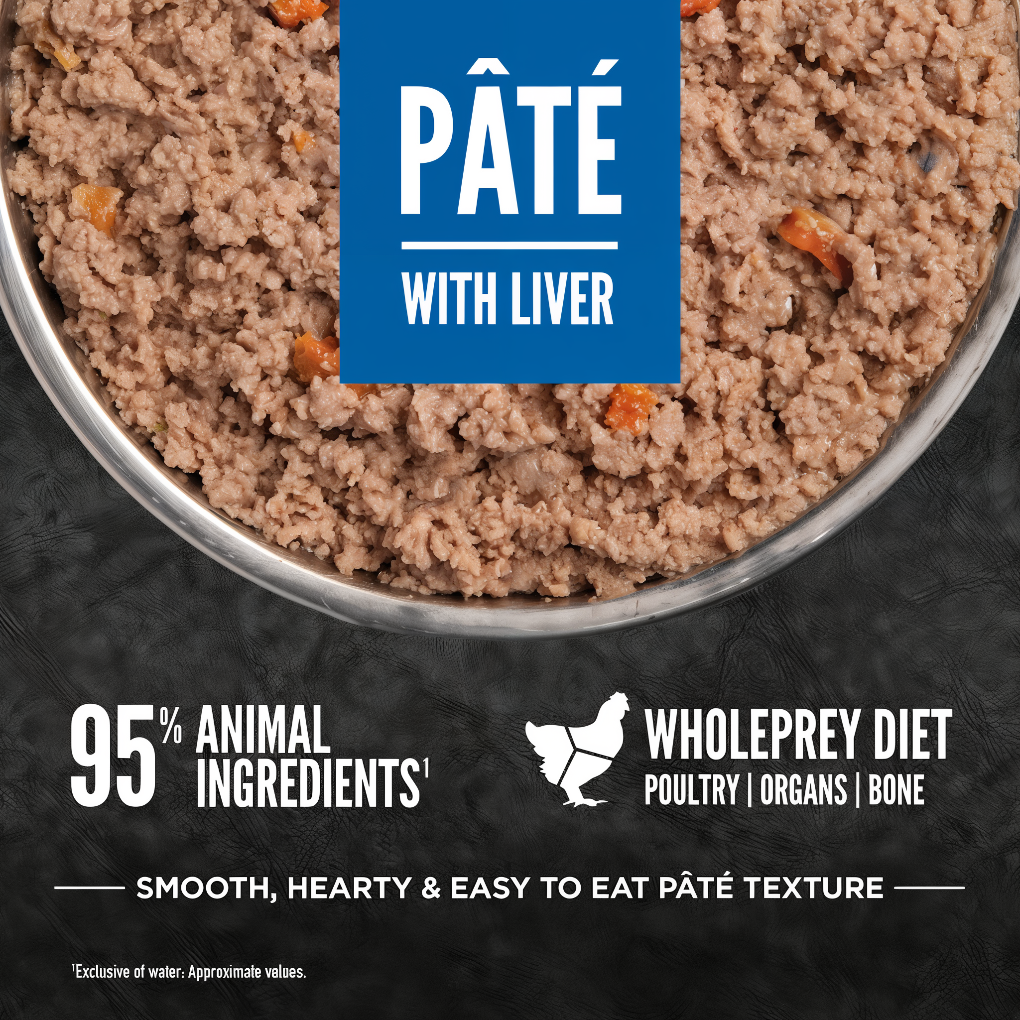 Close-up of ORIJEN Original Pâté with Liver showing the smooth, hearty, easy-to-eat pâté texture with 95 percent animal ingredients from the WholePrey diet
