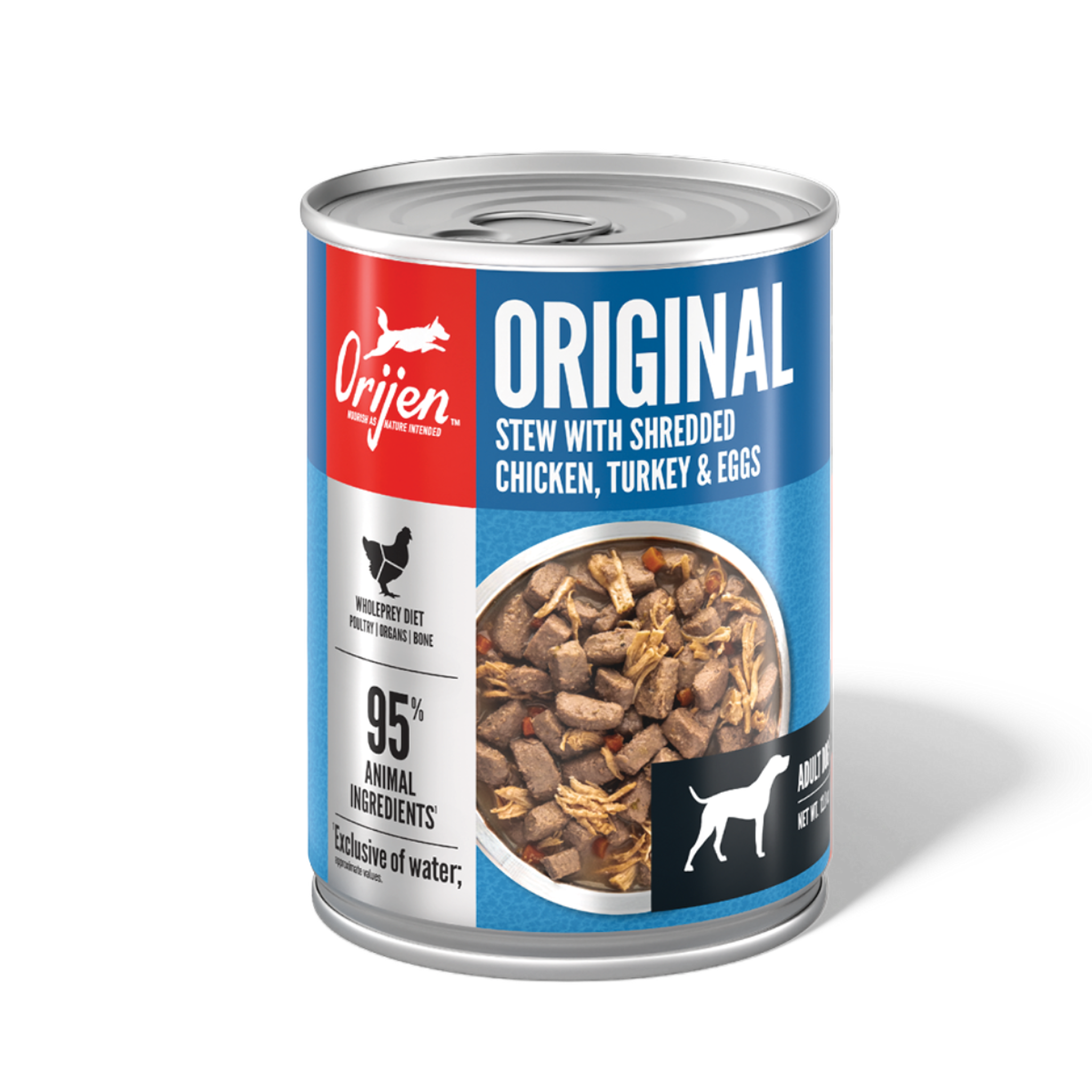 ORIJEN Original Stew with Shredded Chicken, Turkey and Eggs wet dog food, front of the 12.8 oz can with WholePrey diet and 95 percent animal ingredients callouts #12.8 OZ