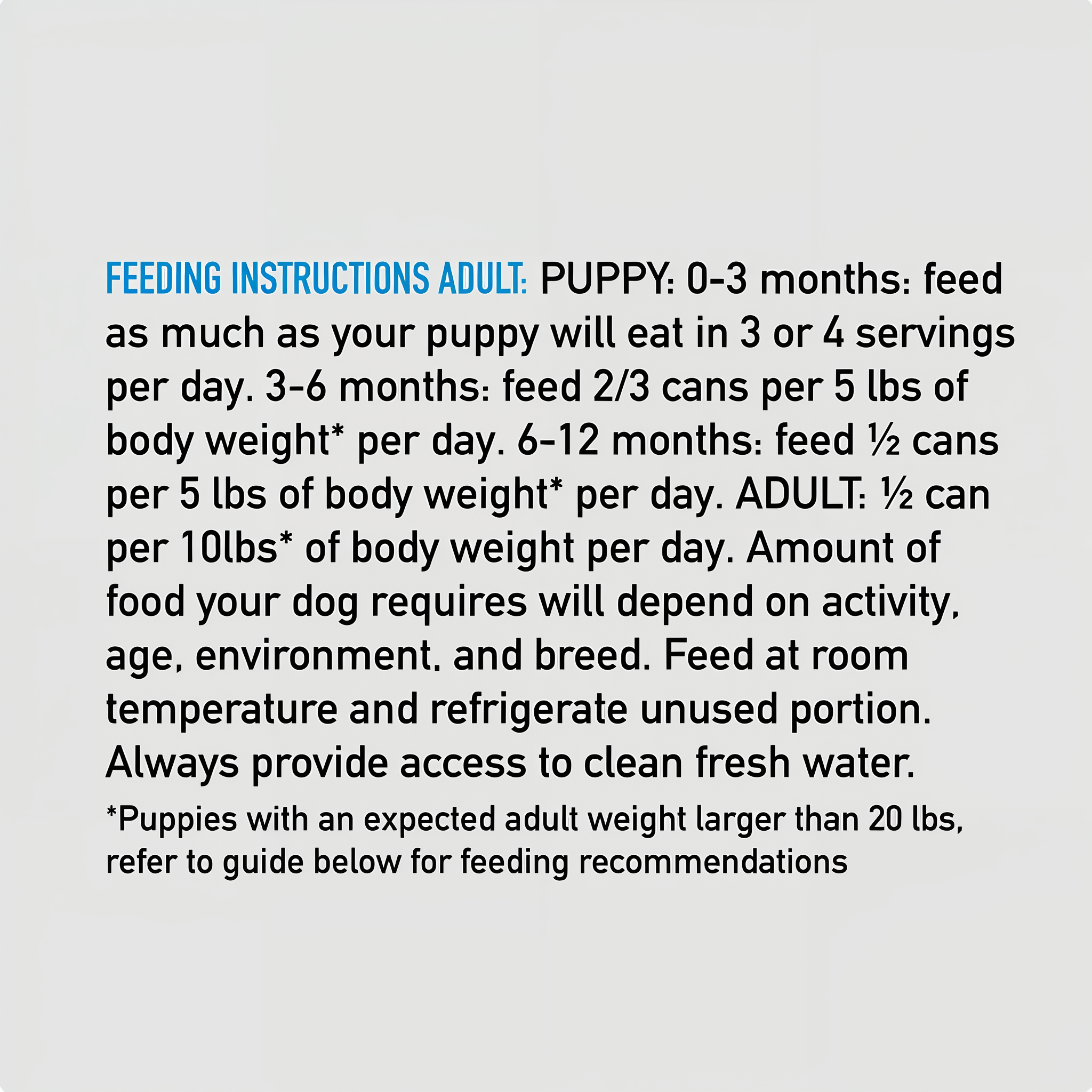 ORIJEN Puppy Poultry and Fish Pâté feeding instructions by age from 0-3 months through adult dogs