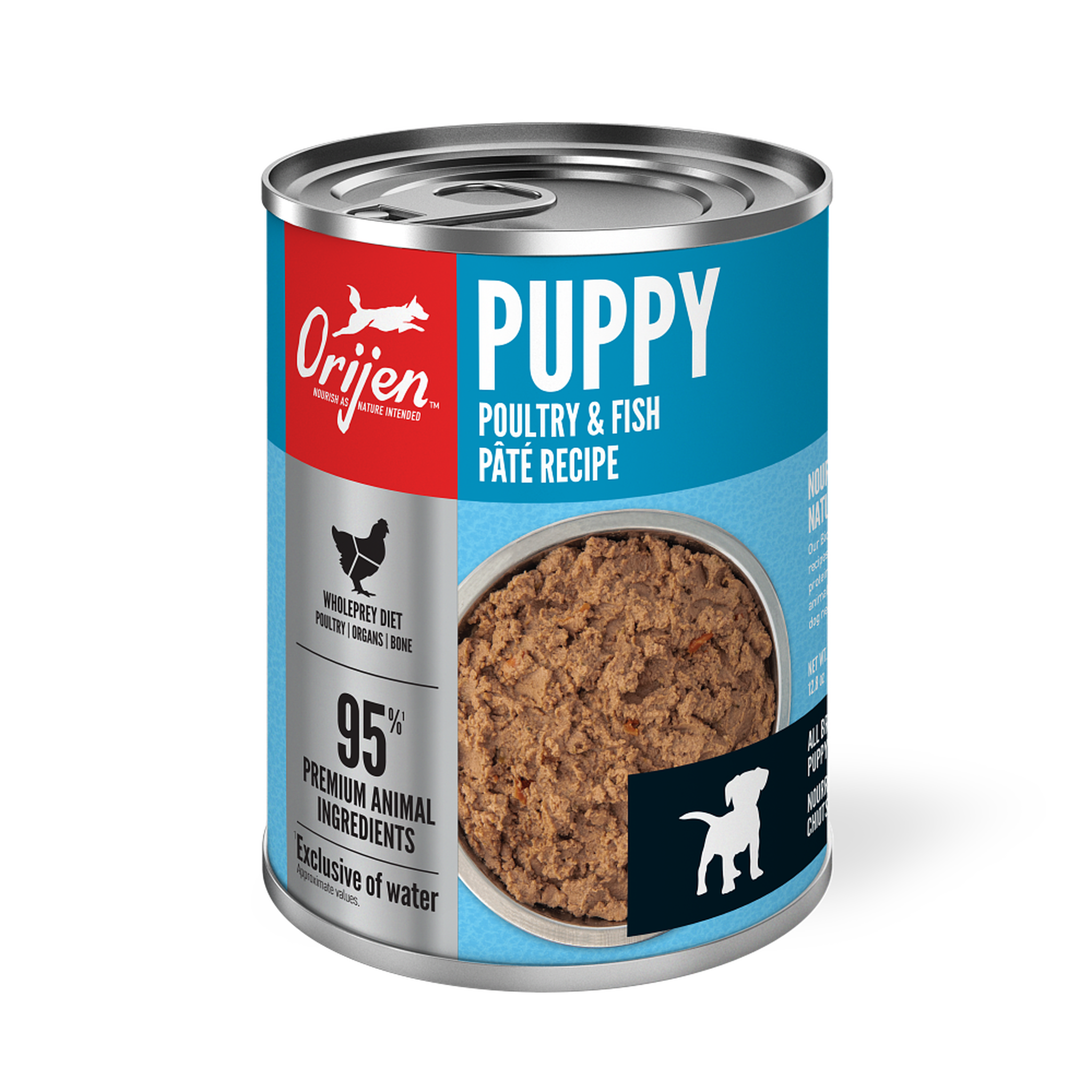 ORIJEN Puppy Poultry and Fish Pâté Recipe wet dog food, front of the 12.8 oz can showing the WholePrey diet and 95 percent premium animal ingredients callouts