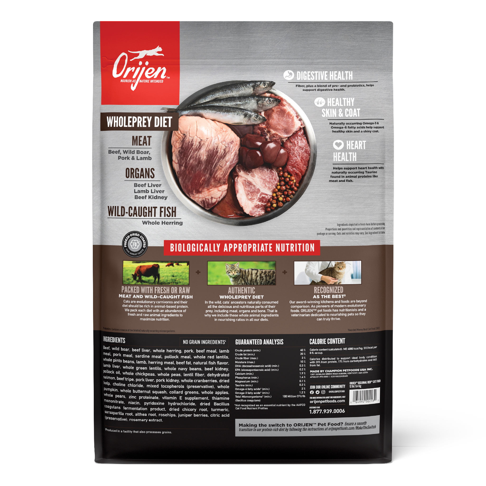 Back of the ORIJEN Regional Red dry cat food bag with the WholePrey diet breakdown of beef, wild boar, pork and lamb meat, organs, and whole herring, plus ingredients, guaranteed analysis, and calorie content
