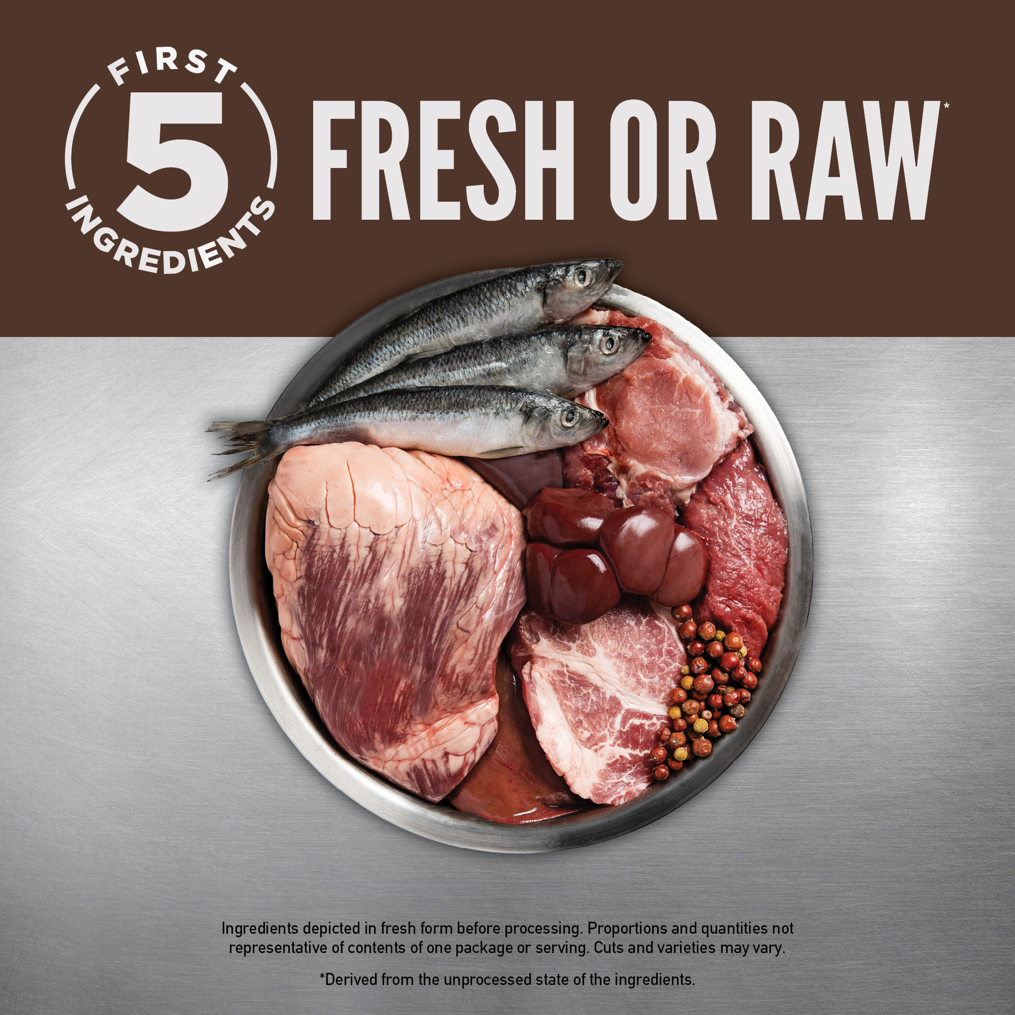 First 5 ingredients fresh or raw: a bowl of whole herring, beef, pork, and organ meats with peppercorns for ORIJEN Regional Red cat food