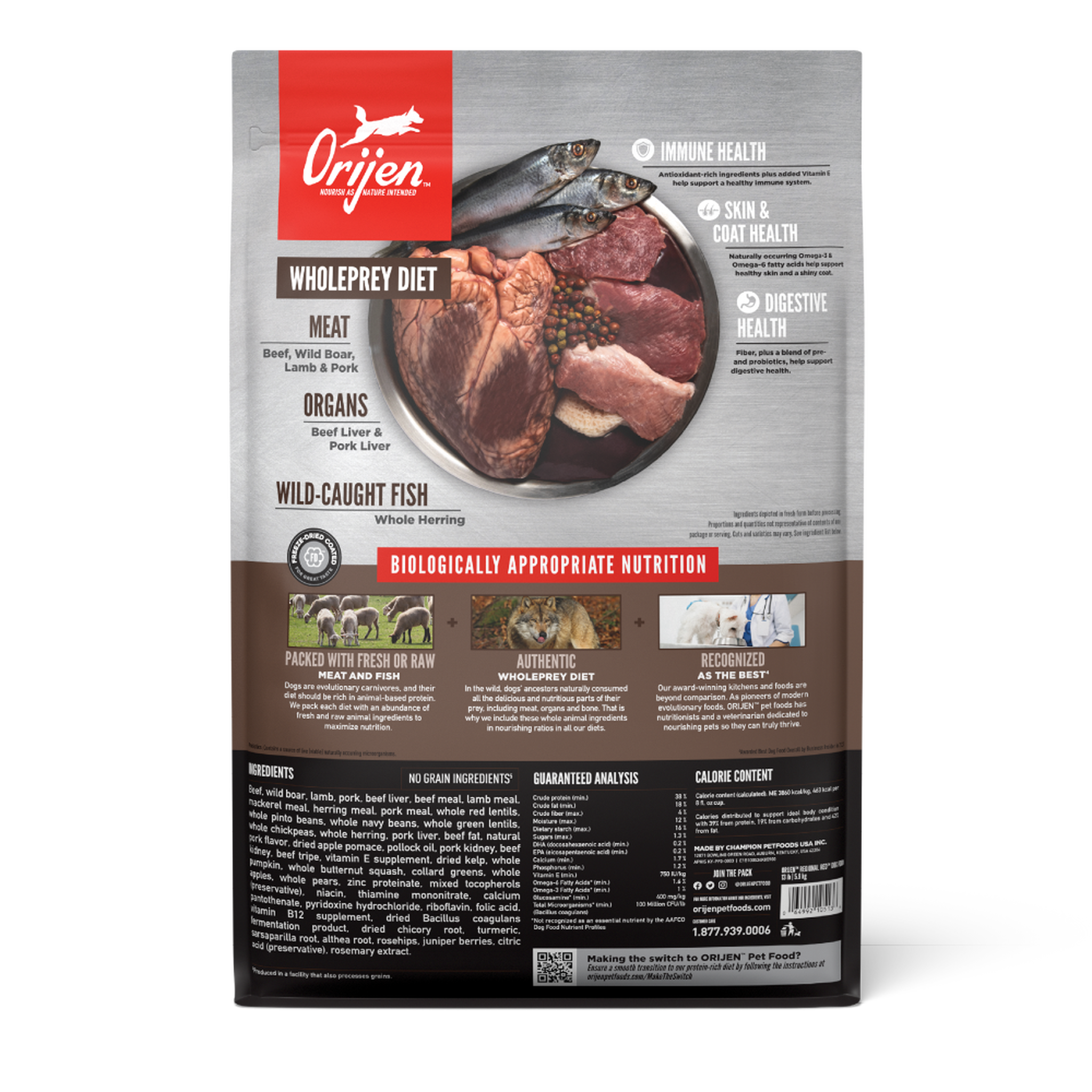 Orijen Regional Red dry dog food back of bag showing WholePrey ingredients, guaranteed analysis, and calorie content