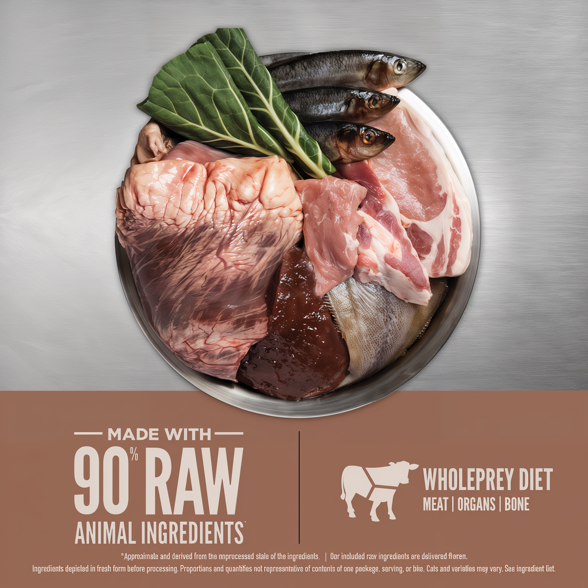 Raw beef, organs, whole herring, flounder and collard greens in a bowl illustrating the 90 percent raw animal WholePrey ingredients in ORIJEN Regional Red Epic Bites