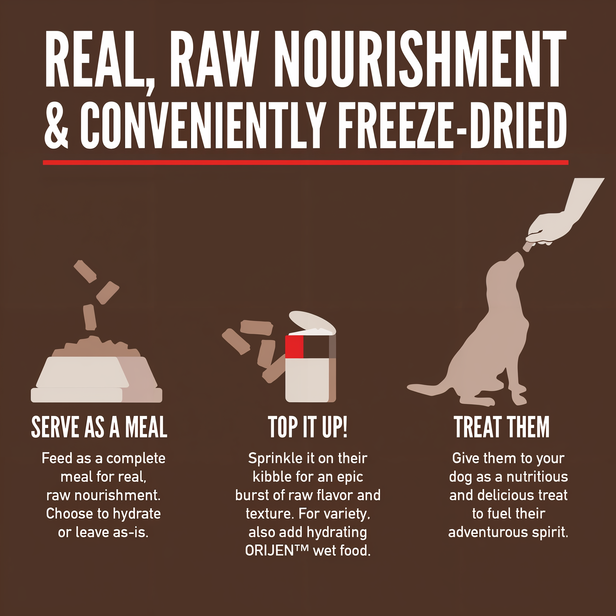 Three ways to serve ORIJEN Regional Red Epic Bites: serve as a complete meal, sprinkle on top of kibble, or give as a treat