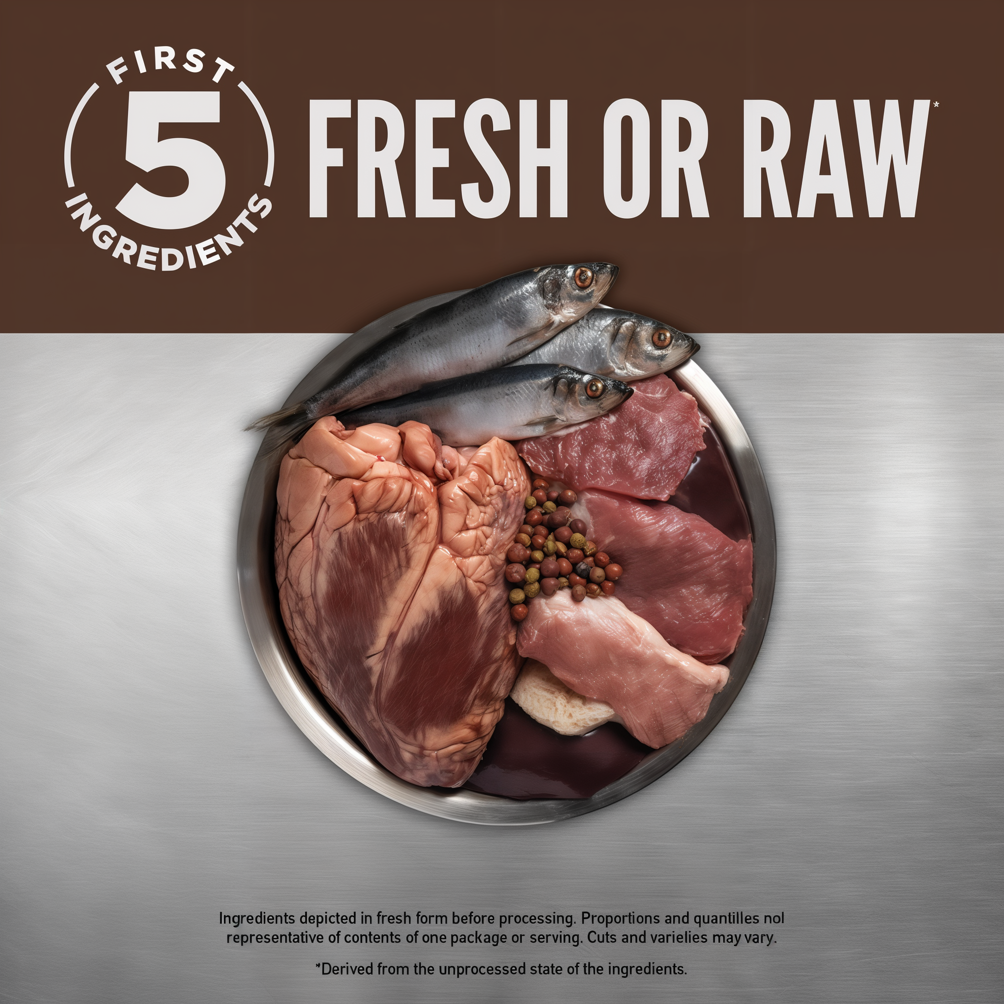 Bowl of fresh beef, organs, and whole herring showing the first 5 fresh or raw ingredients in Orijen Regional Red dog food